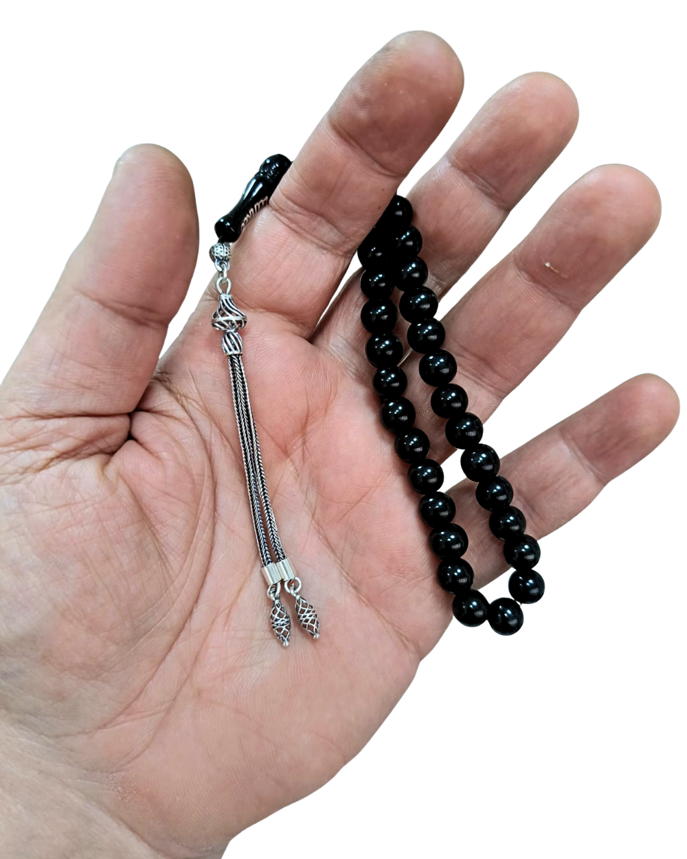 925 Sterling Silver with Jet Stone Tasbih – Certified Erzurum Oltu Stone Misbaha, 8mm Wrist Tasbeeh
