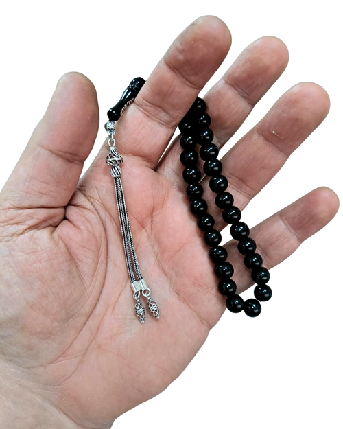 925 Sterling Silver with Jet Stone Tasbih – Certified Erzurum Oltu Stone Misbaha, 8mm Wrist Tasbeeh