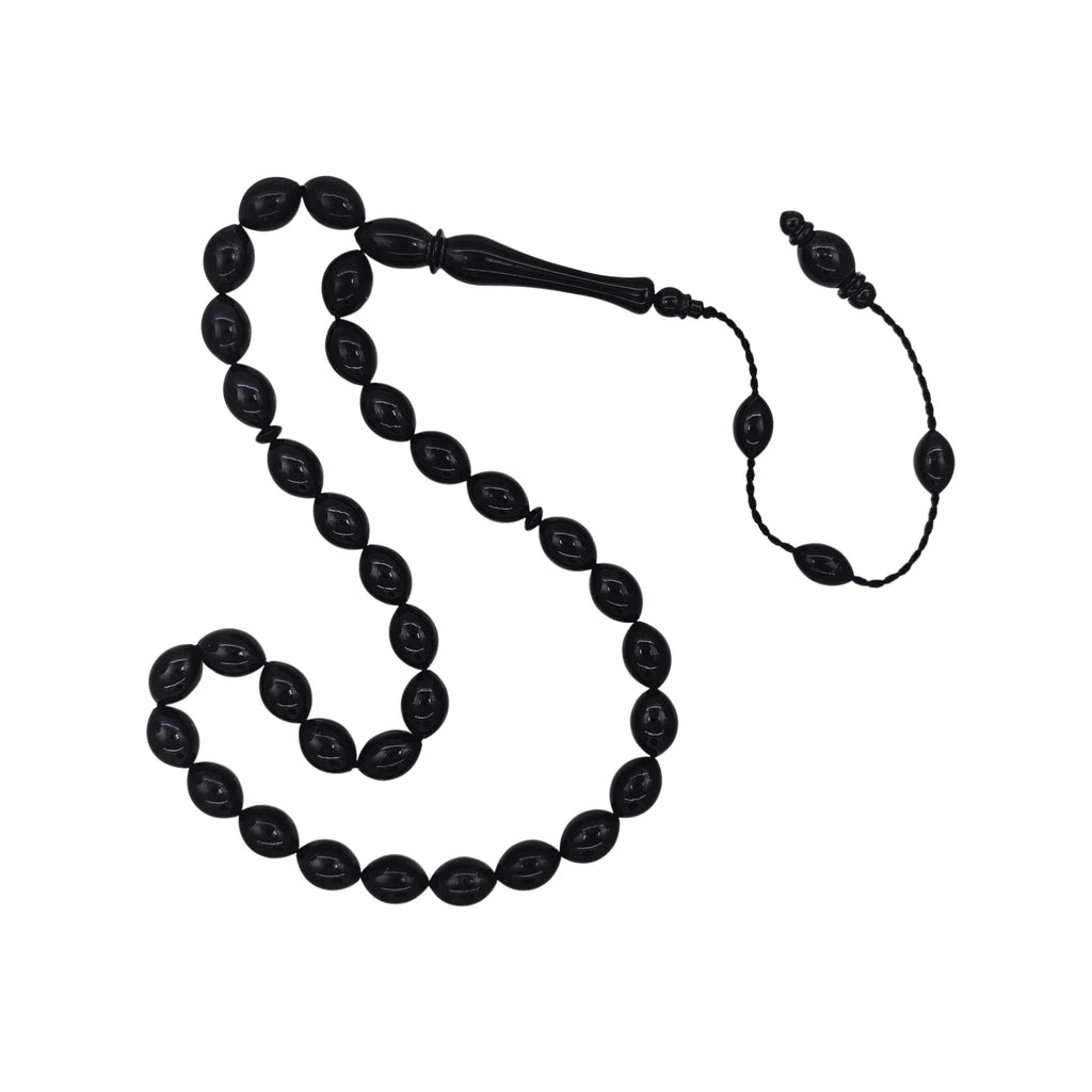 Barley-Cut Certified Erzurum Oltu Stone Tasbih, Plain, Master Craftsmanship, 8x11mm