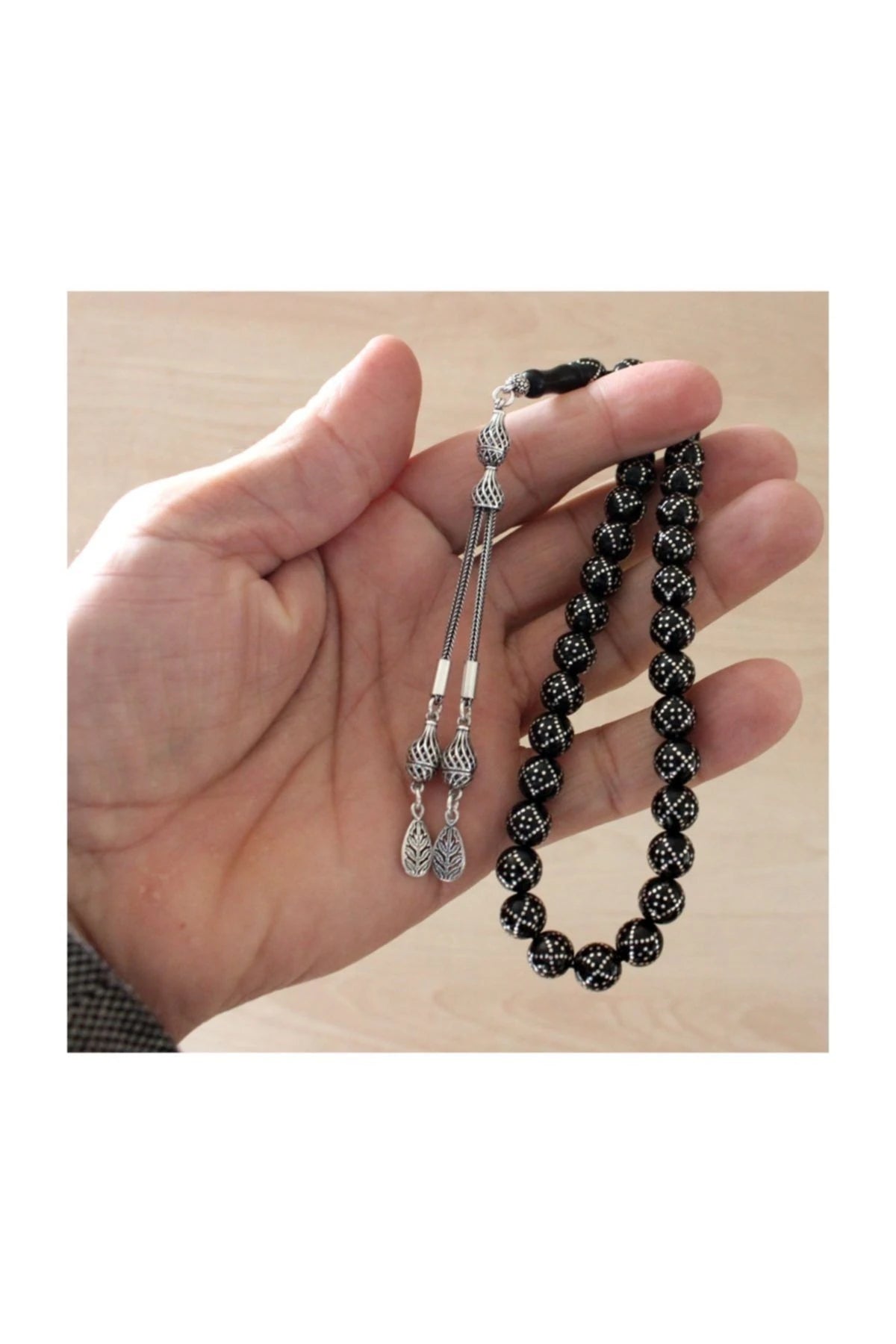 Press Oltu Stone Tasbih with Silver Inlay, 9mm