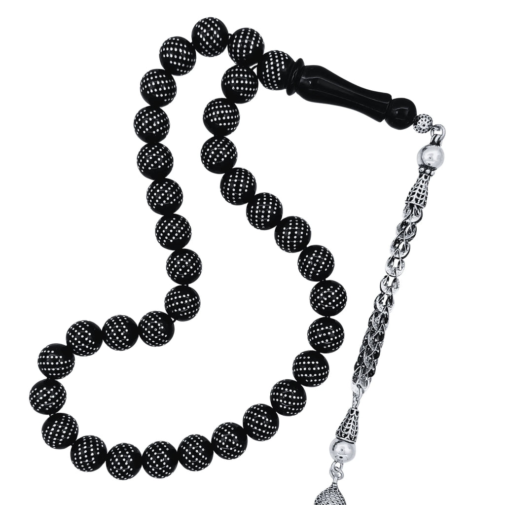 Certified Erzurum Oltu Stone Tasbih with Dense Twist-Pattern Silver Inlay, 10mm