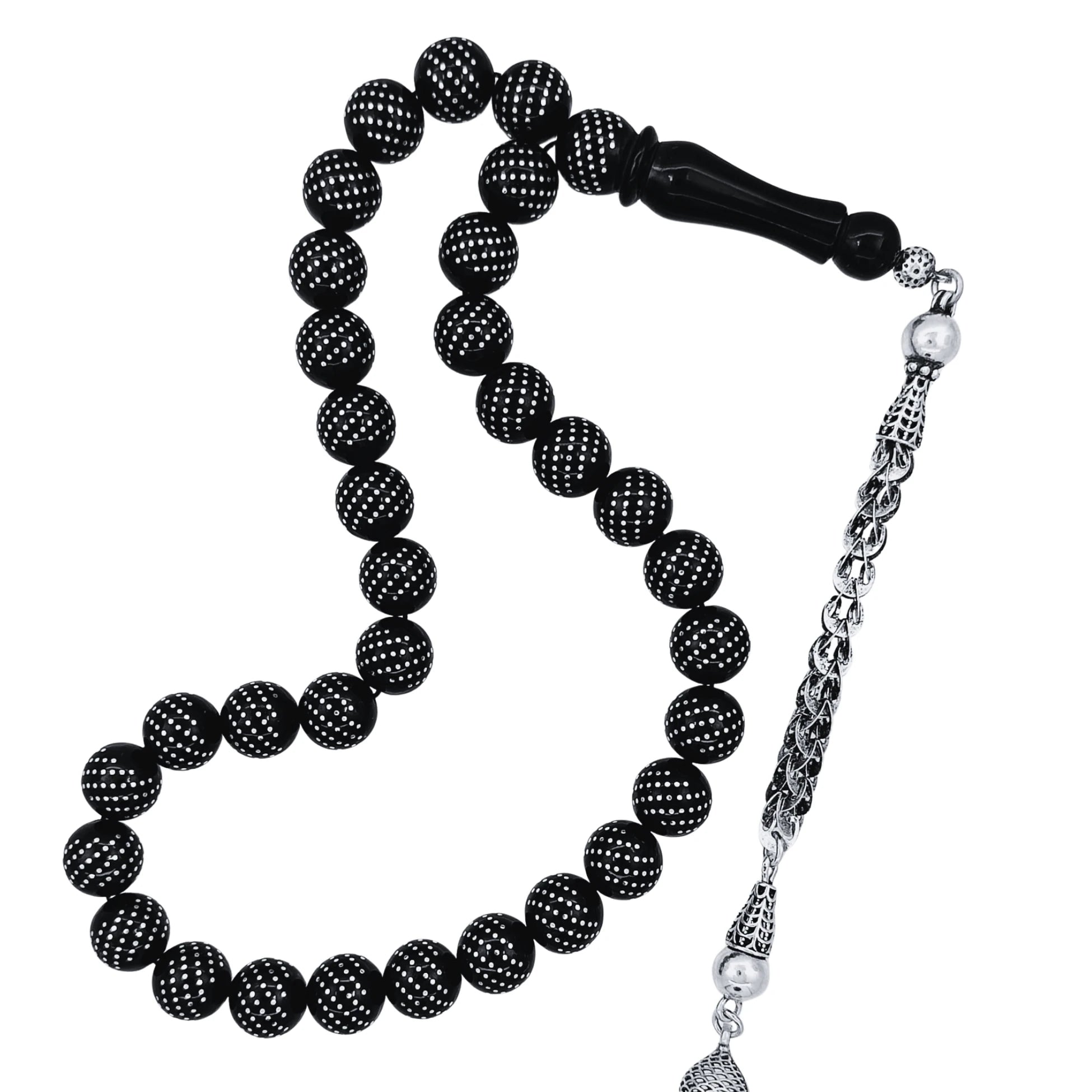 Certified Erzurum Oltu Stone Tasbih with Dense Twist-Pattern Silver Inlay, 10mm