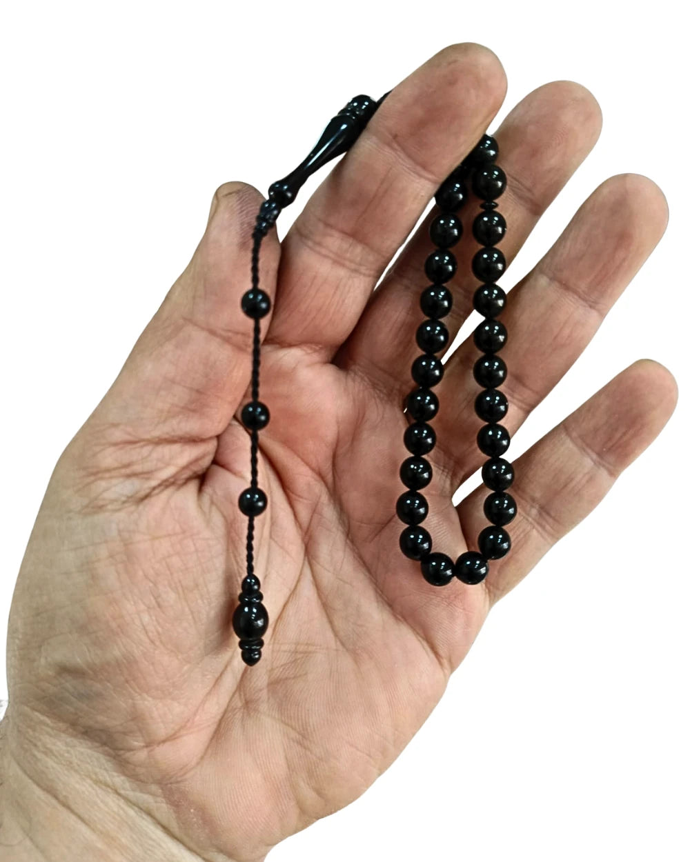 Wrist-Length Certified Erzurum Oltu Stone Tasbih with Turquoise & Silver Inlay, 7mm