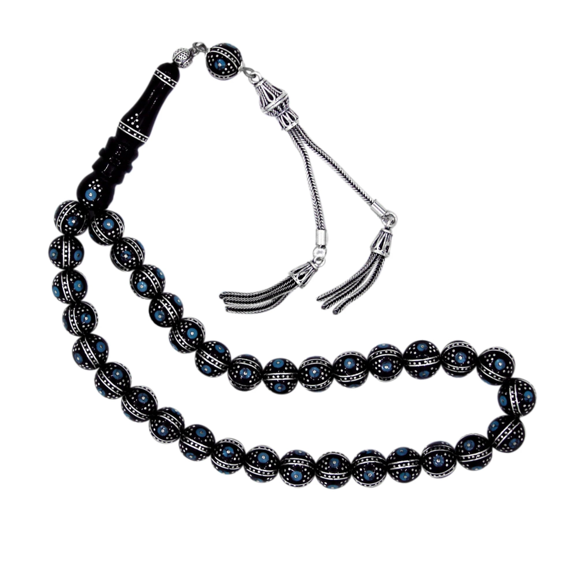Certified Erzurum Oltu Stone Tasbih with Turquoise & Silver Melon-Slice Inlay, 9mm