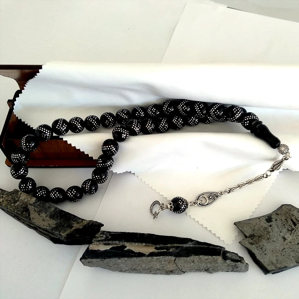 Press Oltu Stone Tasbih with Heavy Silver Inlay, Tarnish-Resistant Tassel, 10mm