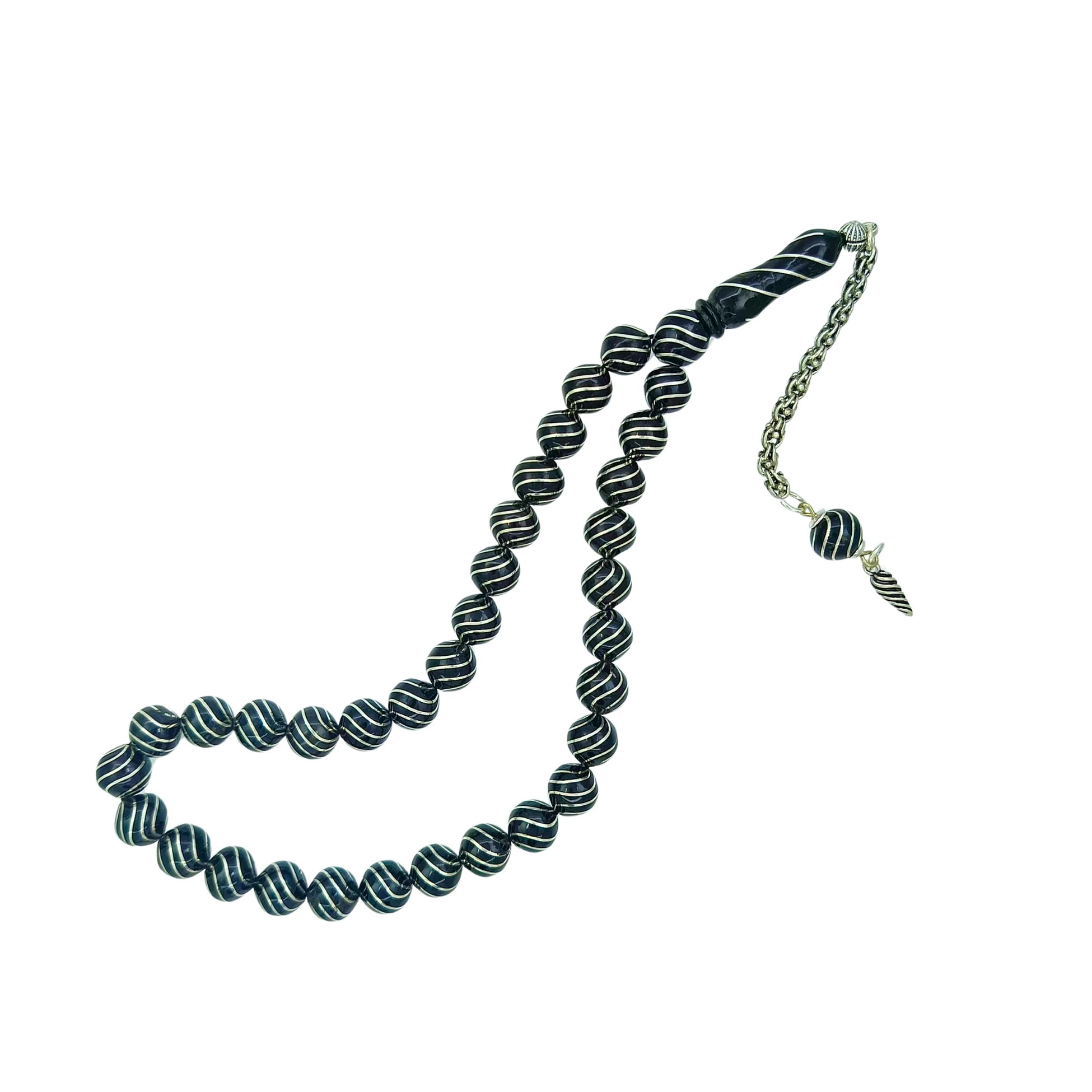 Round-Cut Certified Erzurum Oltu Stone Tasbih with Silver Cesmi Bulbul Inlay, 8.5mm
