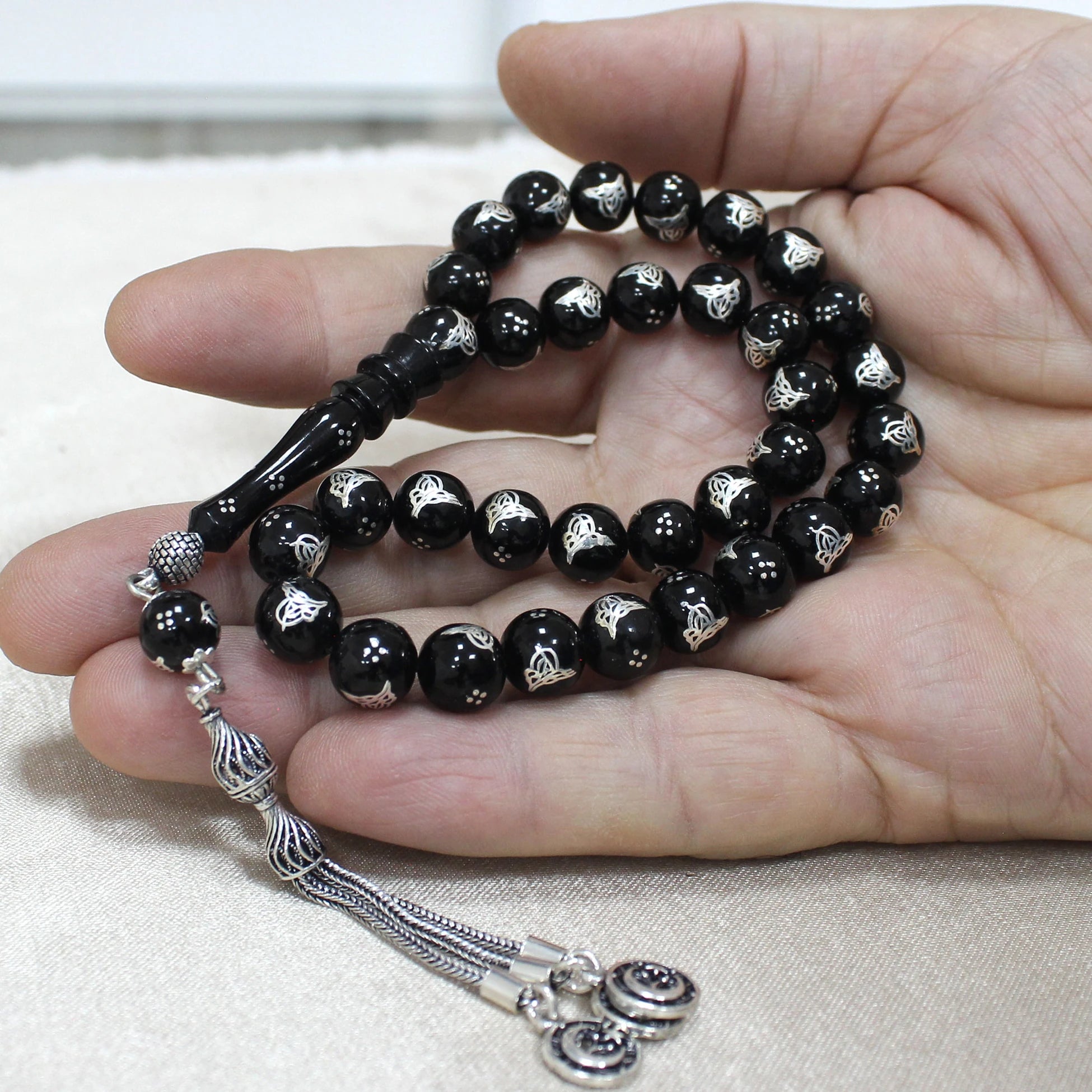 Certified Erzurum Oltu Stone Tasbih with Tughra Silver Inlay, 1000-Grade, 8mm