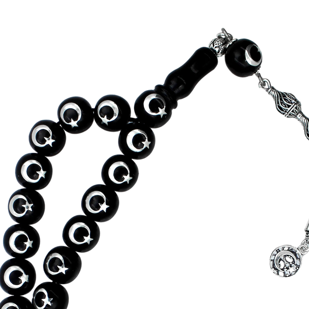 Press Oltu Stone Tasbih with Star-and-Crescent Silver Inlay, 1000-Grade, 10mm