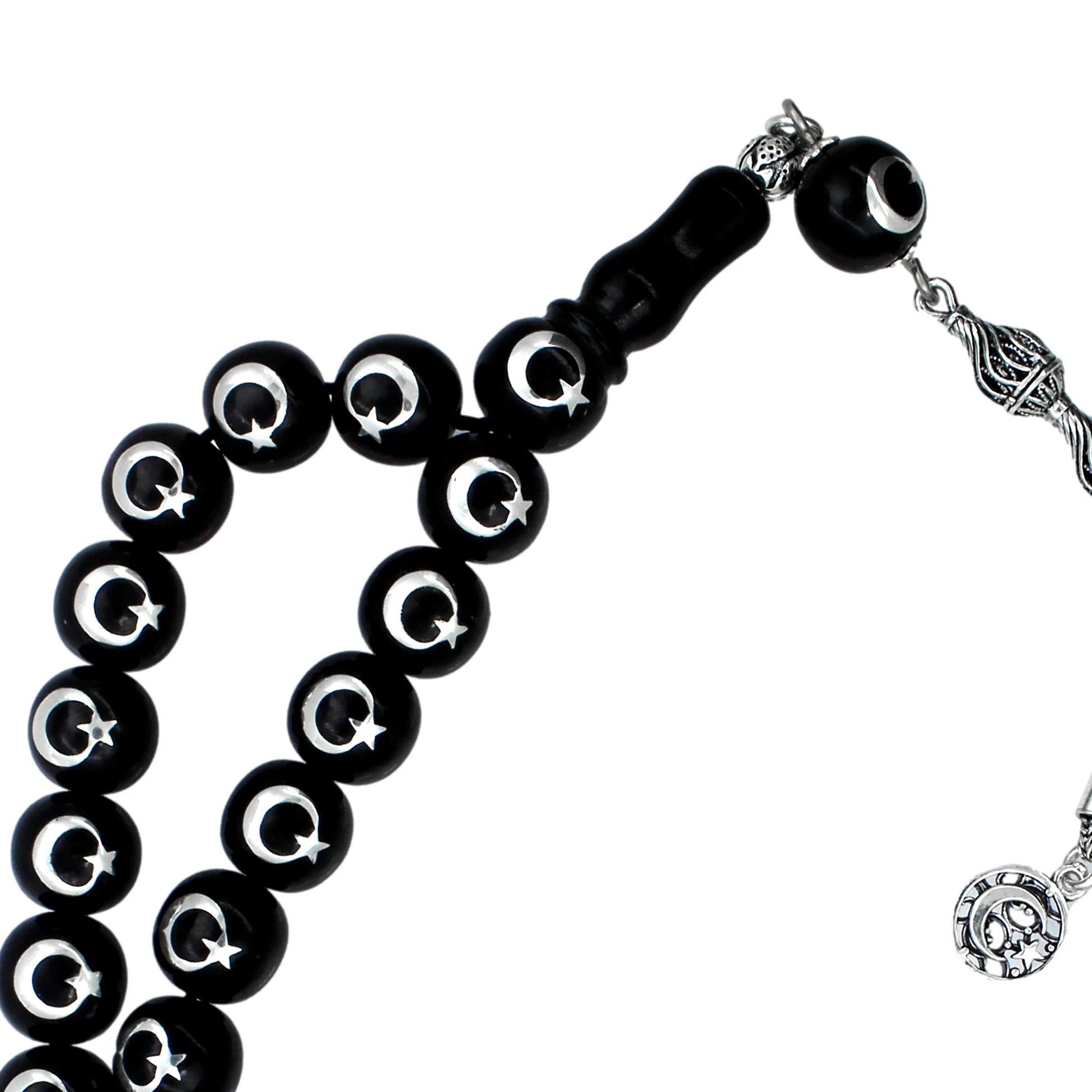 Press Oltu Stone Tasbih with Star-and-Crescent Silver Inlay, 1000-Grade, 10mm