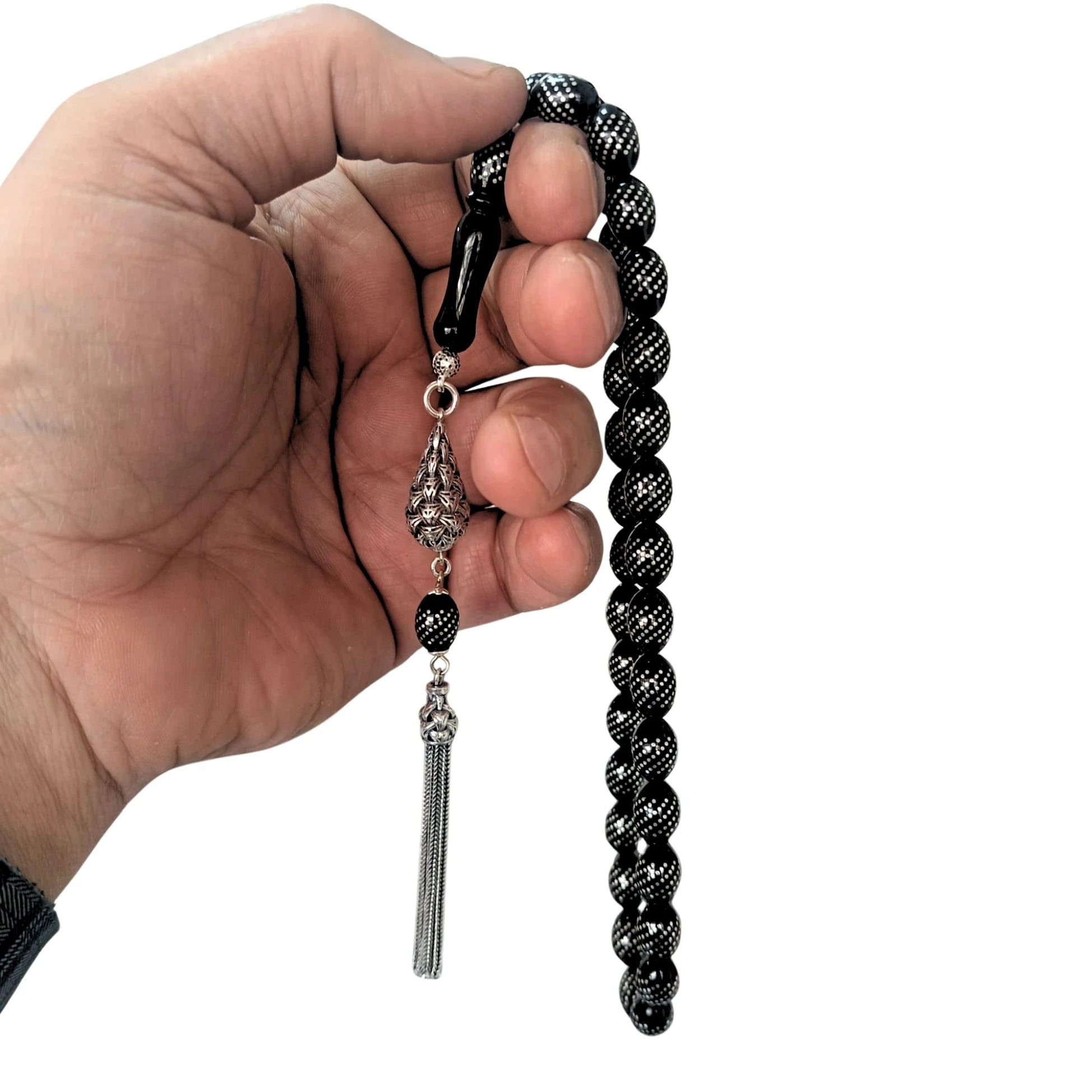 Oval-Cut Certified Erzurum Oltu Stone Tasbih with Dense Twist-Pattern Silver Inlay, 8x11mm