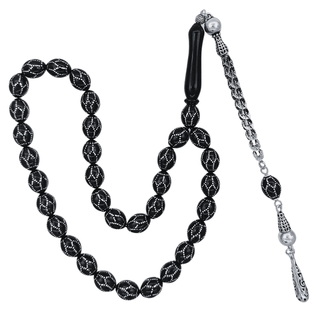 Honeycomb Sterling Silver Inlay Tasbih, Certified Erzurum Oltu Stone, 9x12mm