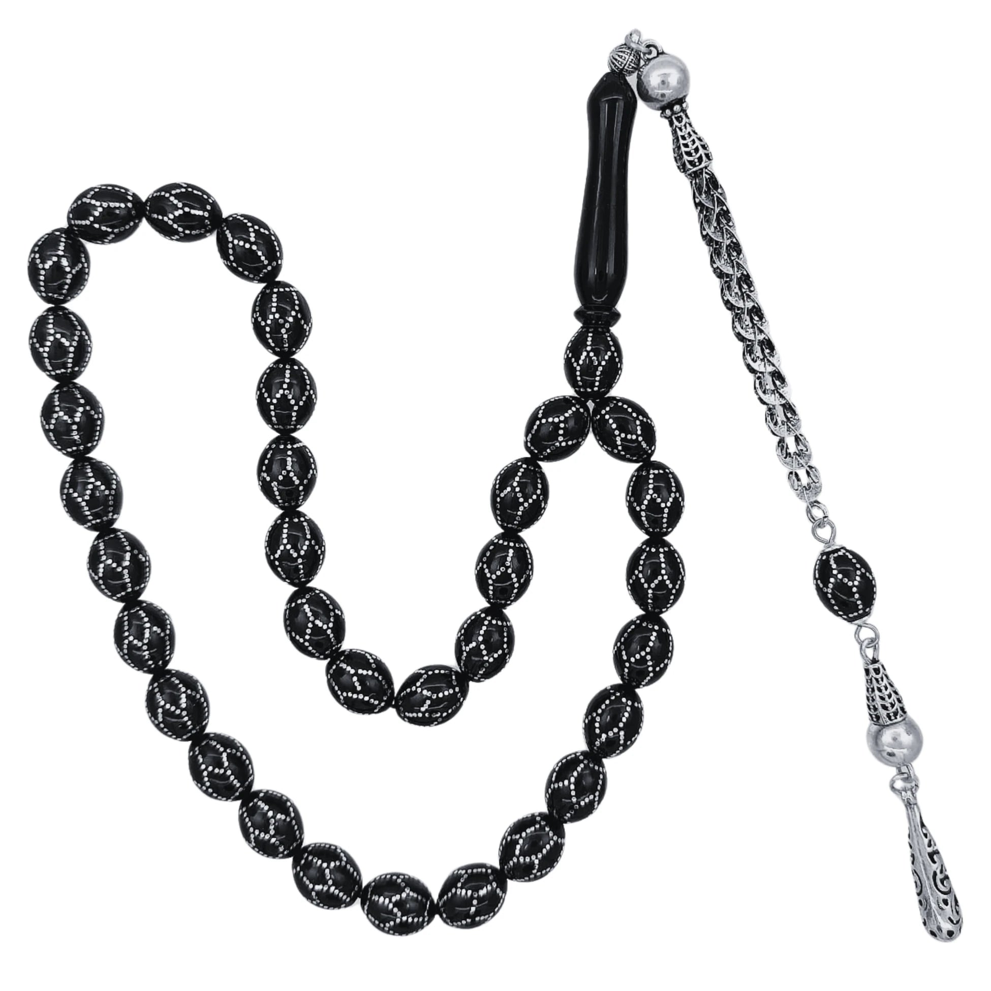 Honeycomb Sterling Silver Inlay Tasbih, Certified Erzurum Oltu Stone, 9x12mm