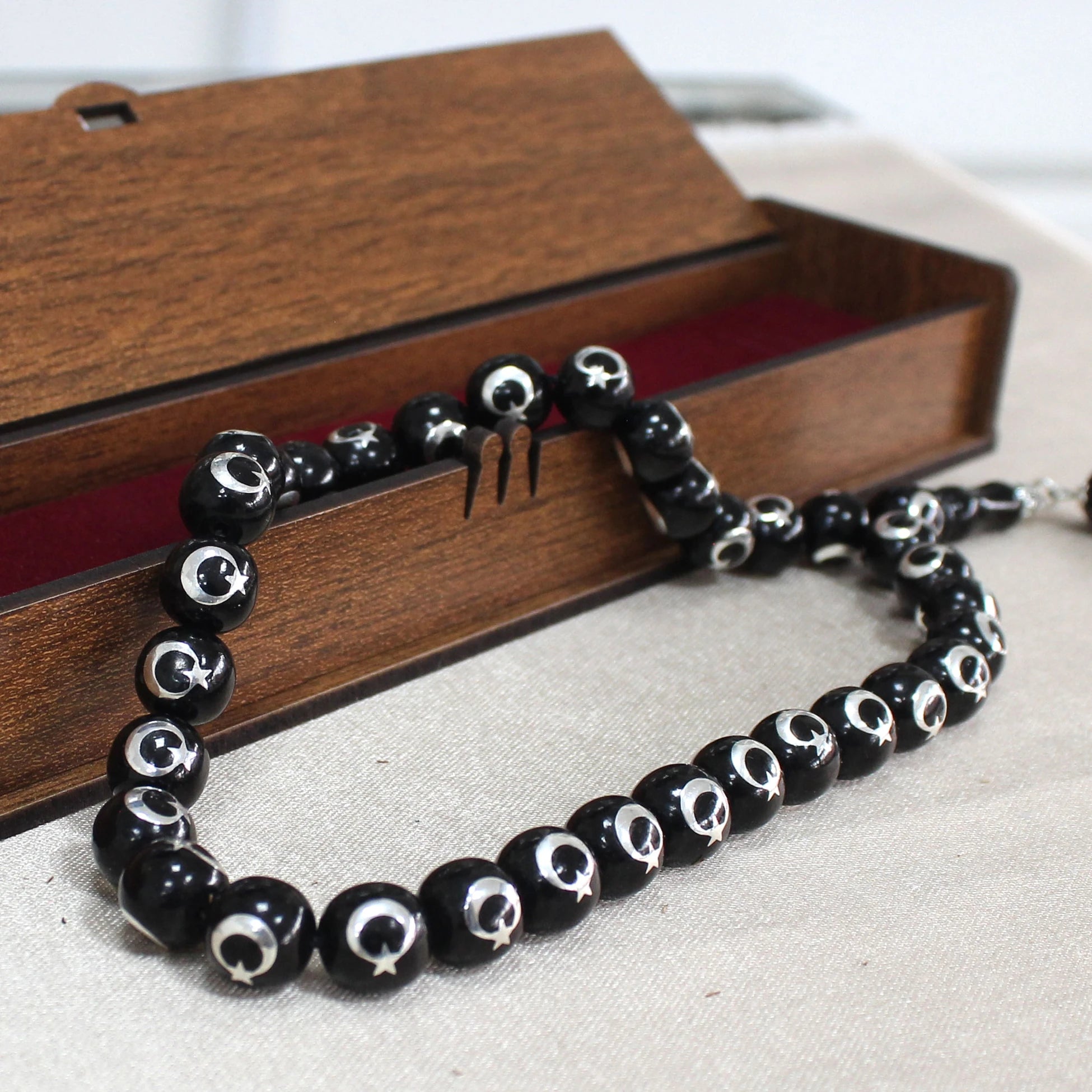 Press Oltu Stone Tasbih with Star-and-Crescent Silver Inlay, 1000-Grade, 10mm