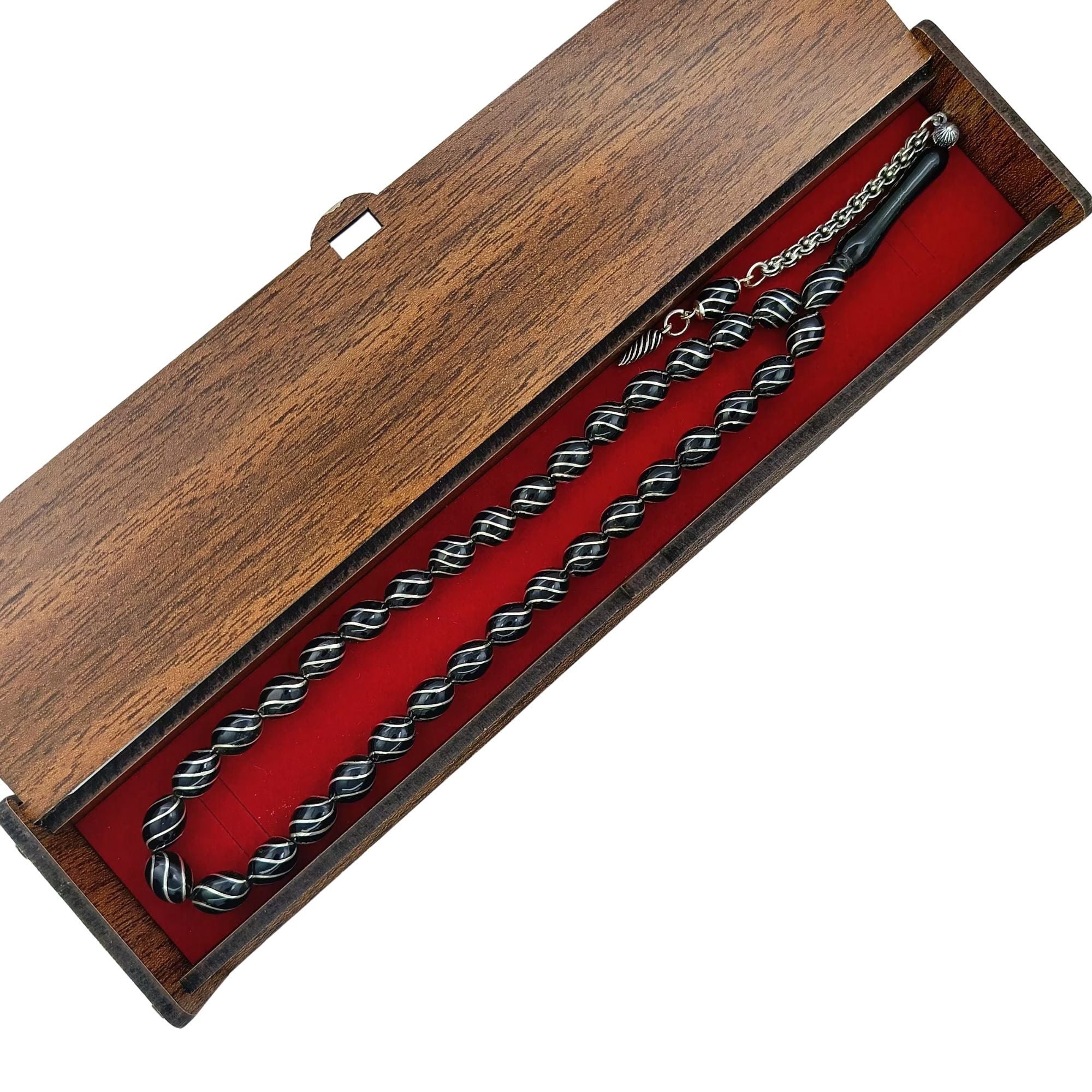Oval-Cut Collector's Erzurum Oltu Stone Tasbih with Silver Cesmi Bulbul Inlay, 7x9.5mm