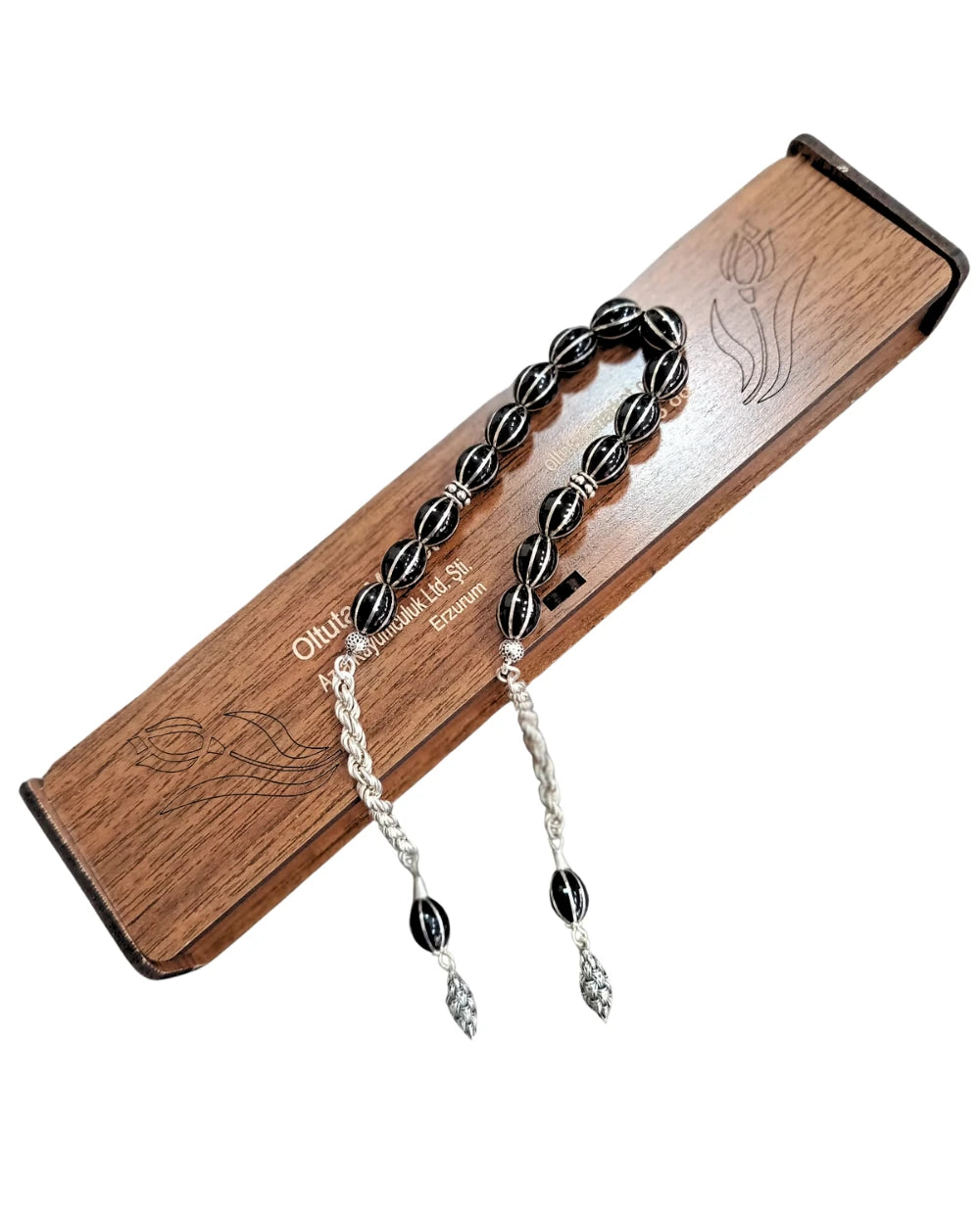 Certified Erzurum Oltu Stone Zaza Tasbih with Silver Melon-Slice Pattern, 36cm