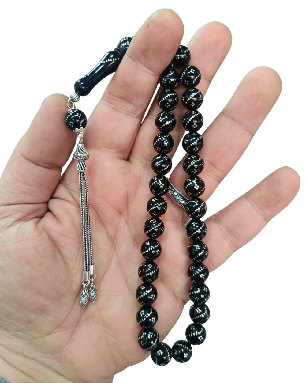 Certified Erzurum Oltu Stone Tasbih with Heavy 1000 Silver Inlay, 10mm