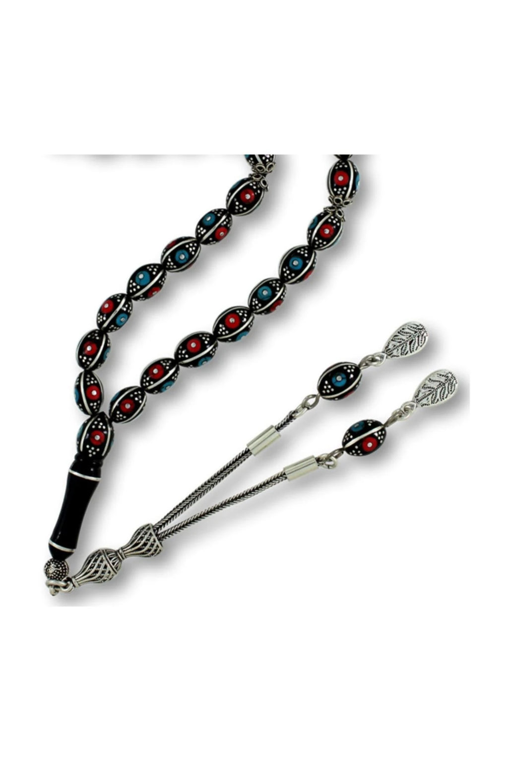 Barley-Cut Certified Erzurum Oltu Stone Tasbih with Turquoise, Coral & Silver Inlay