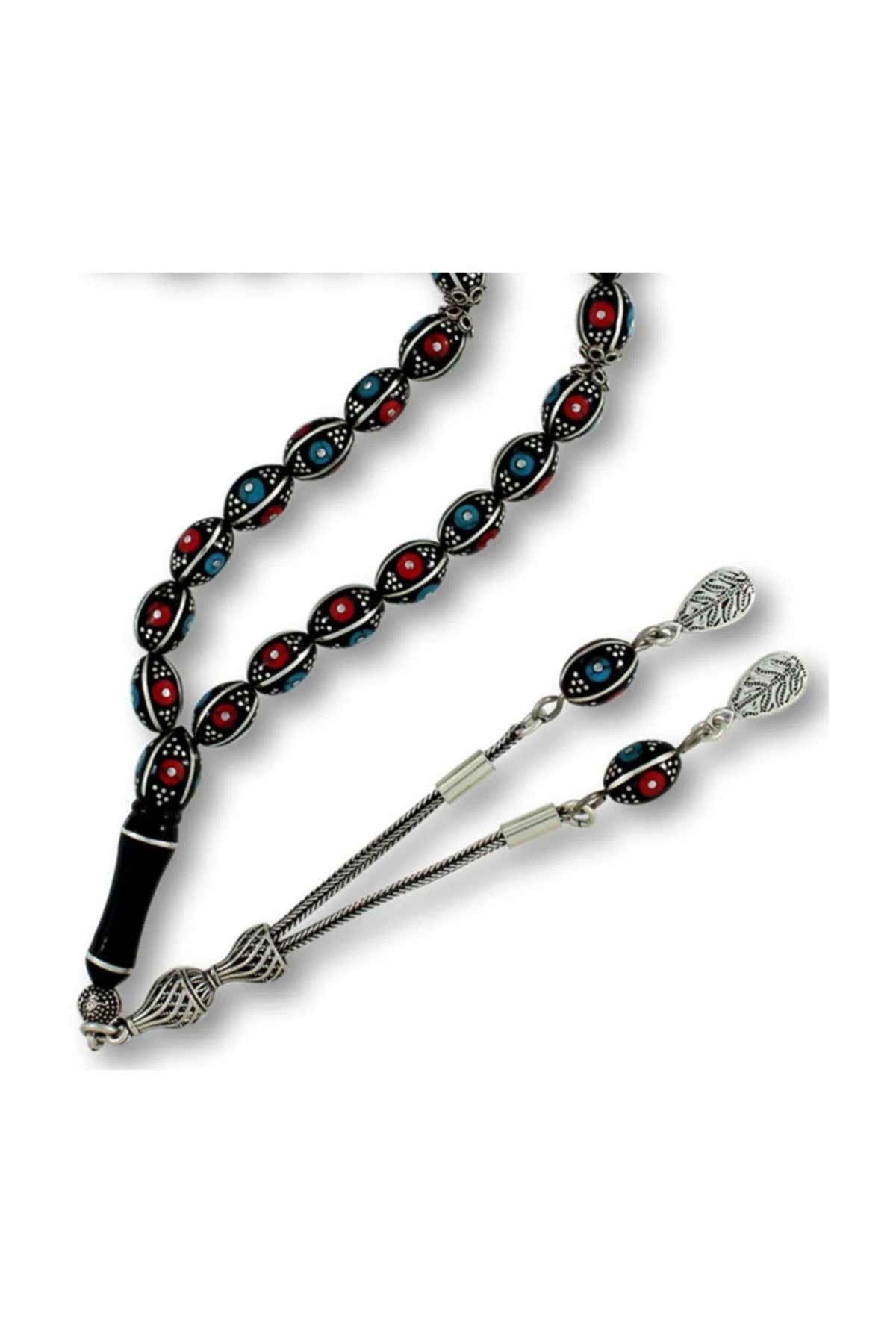 Barley-Cut Certified Erzurum Oltu Stone Tasbih with Turquoise, Coral & Silver Inlay