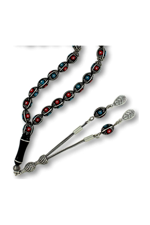Barley-Cut Certified Erzurum Oltu Stone Tasbih with Turquoise, Coral & Silver Inlay
