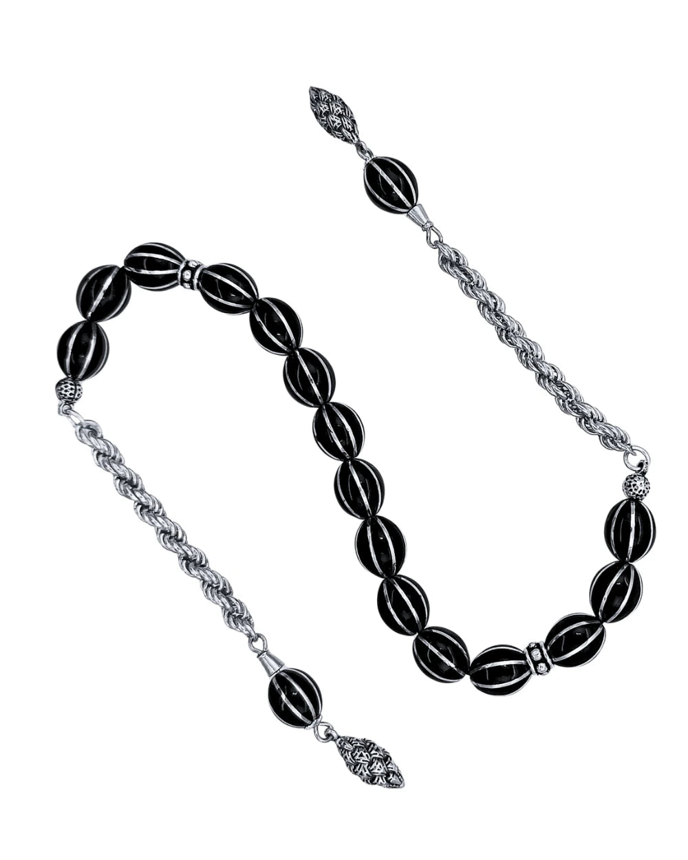 Certified Erzurum Oltu Stone Zaza Tasbih with Silver Melon-Slice Pattern, 36cm