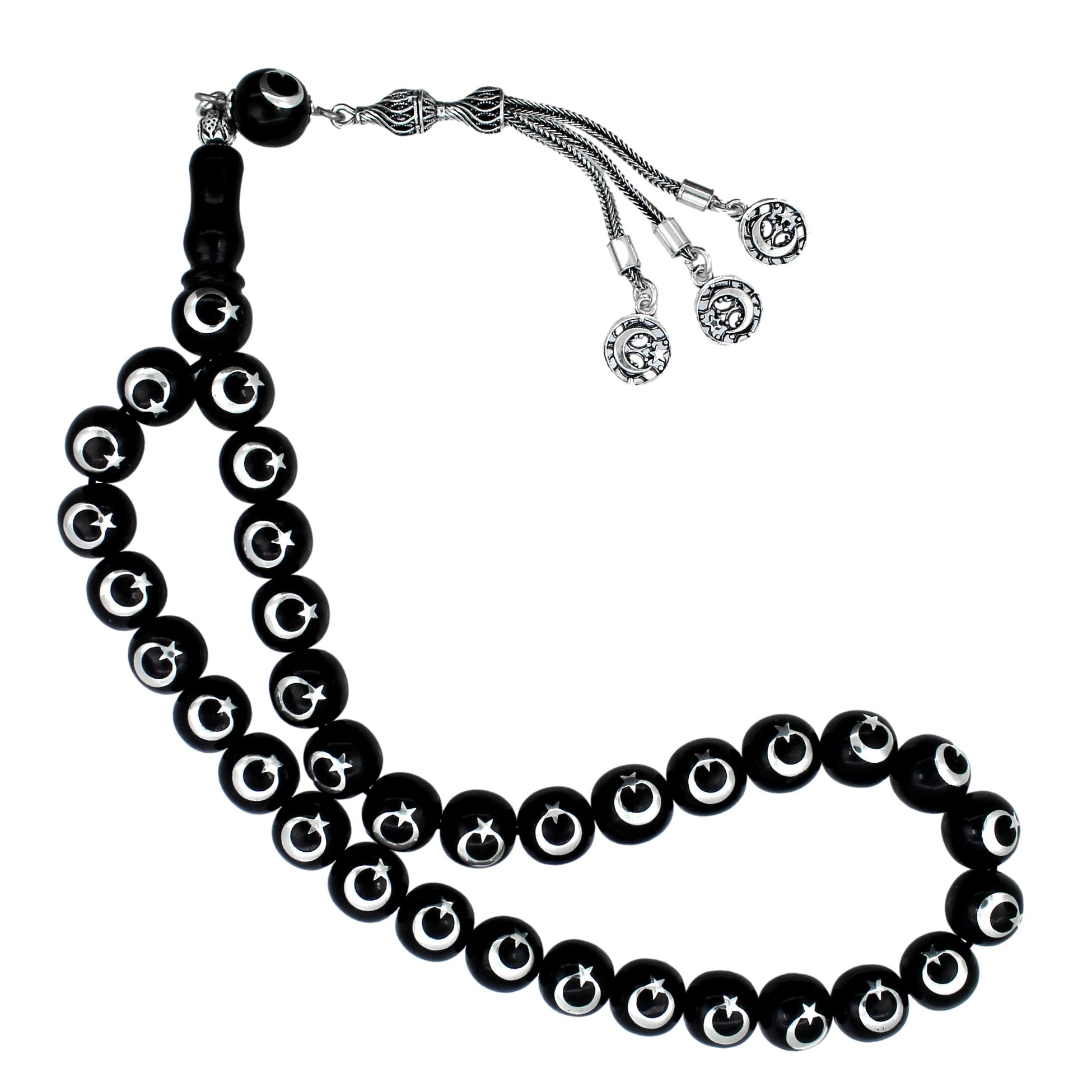 Press Oltu Stone Tasbih with Star-and-Crescent Silver Inlay, 1000-Grade, 10mm