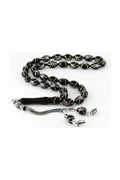 Barley-Cut Certified Erzurum Oltu Stone Tasbih with Heavy Sterling Silver Inlay, Spiderweb Pattern