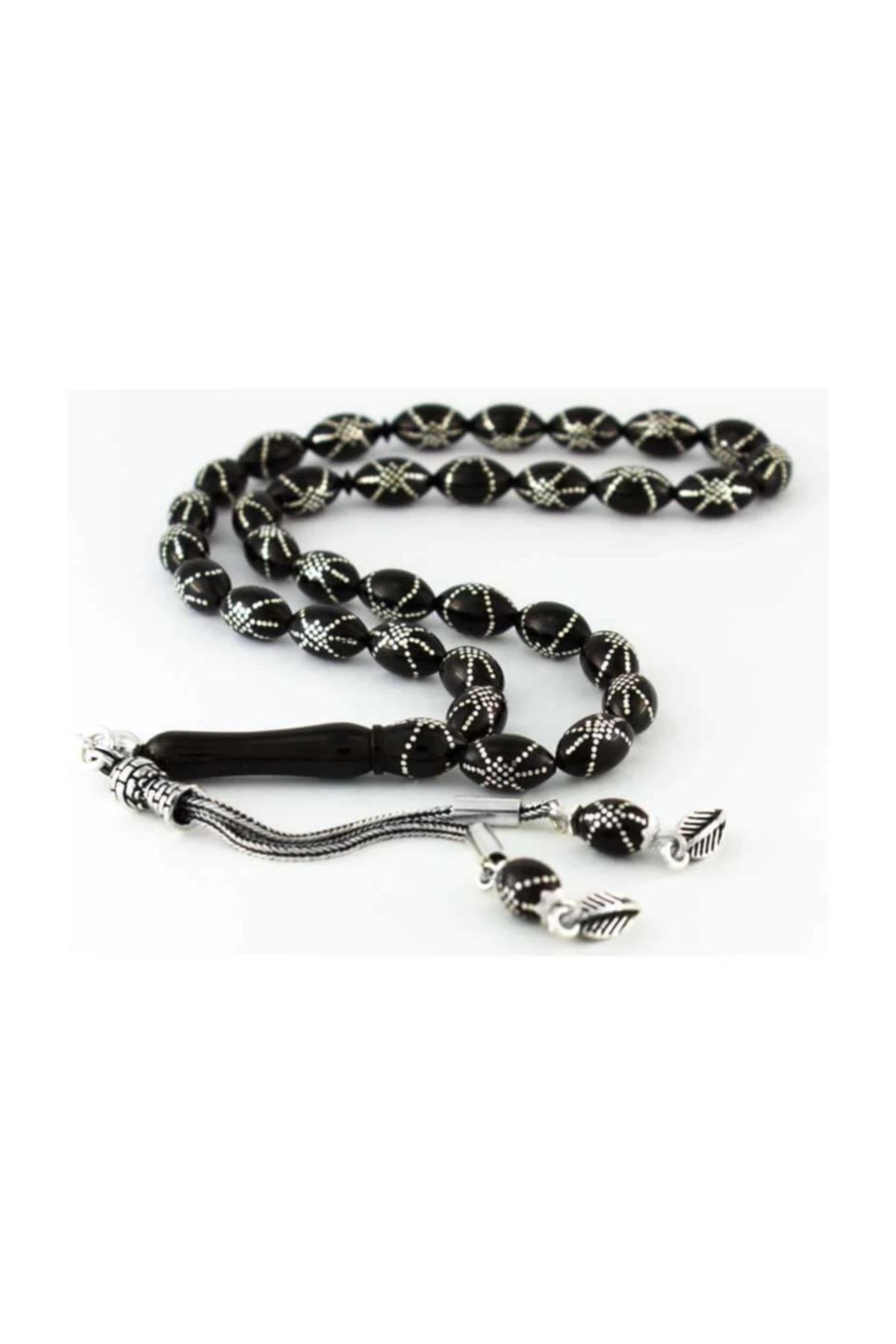 Barley-Cut Certified Erzurum Oltu Stone Tasbih with Heavy Sterling Silver Inlay, Spiderweb Pattern