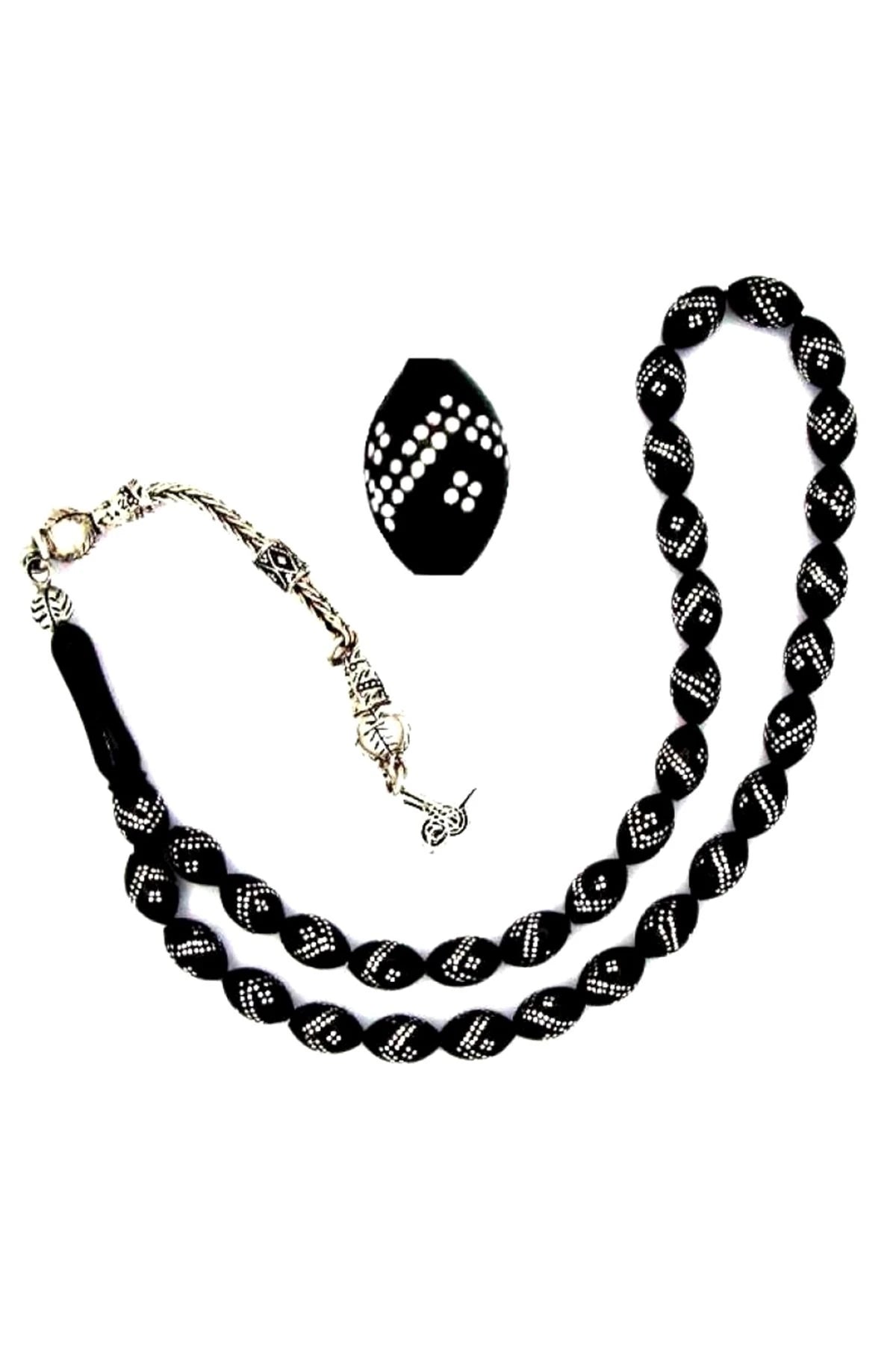 Barley-Cut Certified Erzurum Oltu Stone Tasbih with Double-Row Sterling Silver Inlay, 6x9mm
