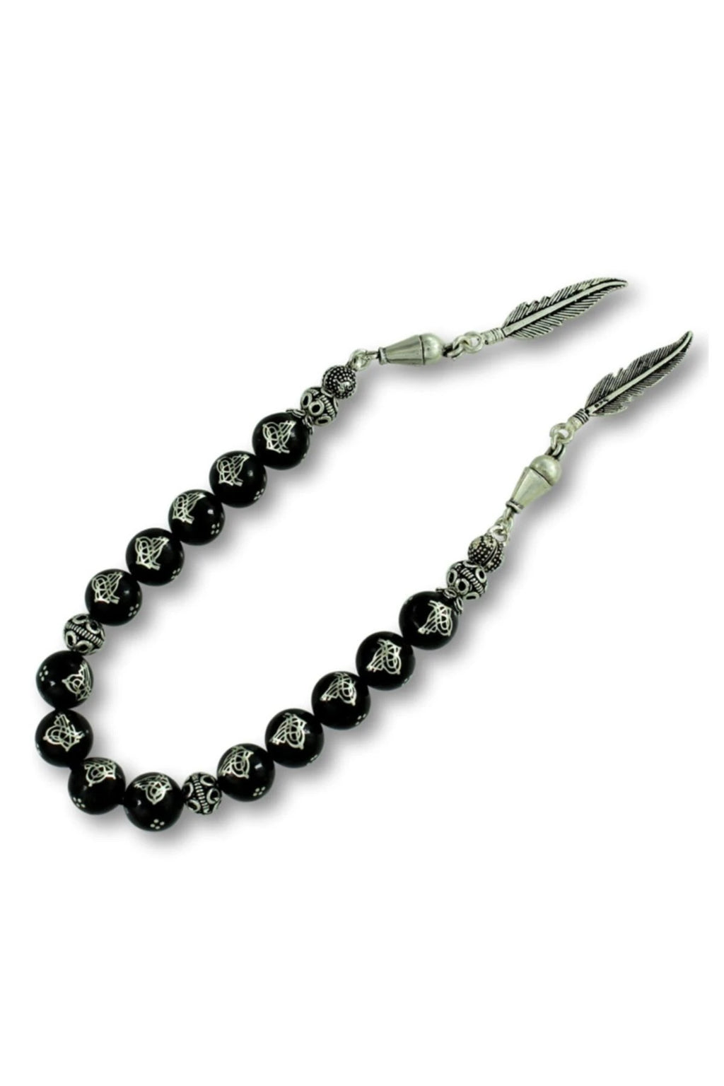 Erzurum Oltu Stone Zaza Tasbih with Tughra Pattern Sterling Silver Inlay, 9mm
