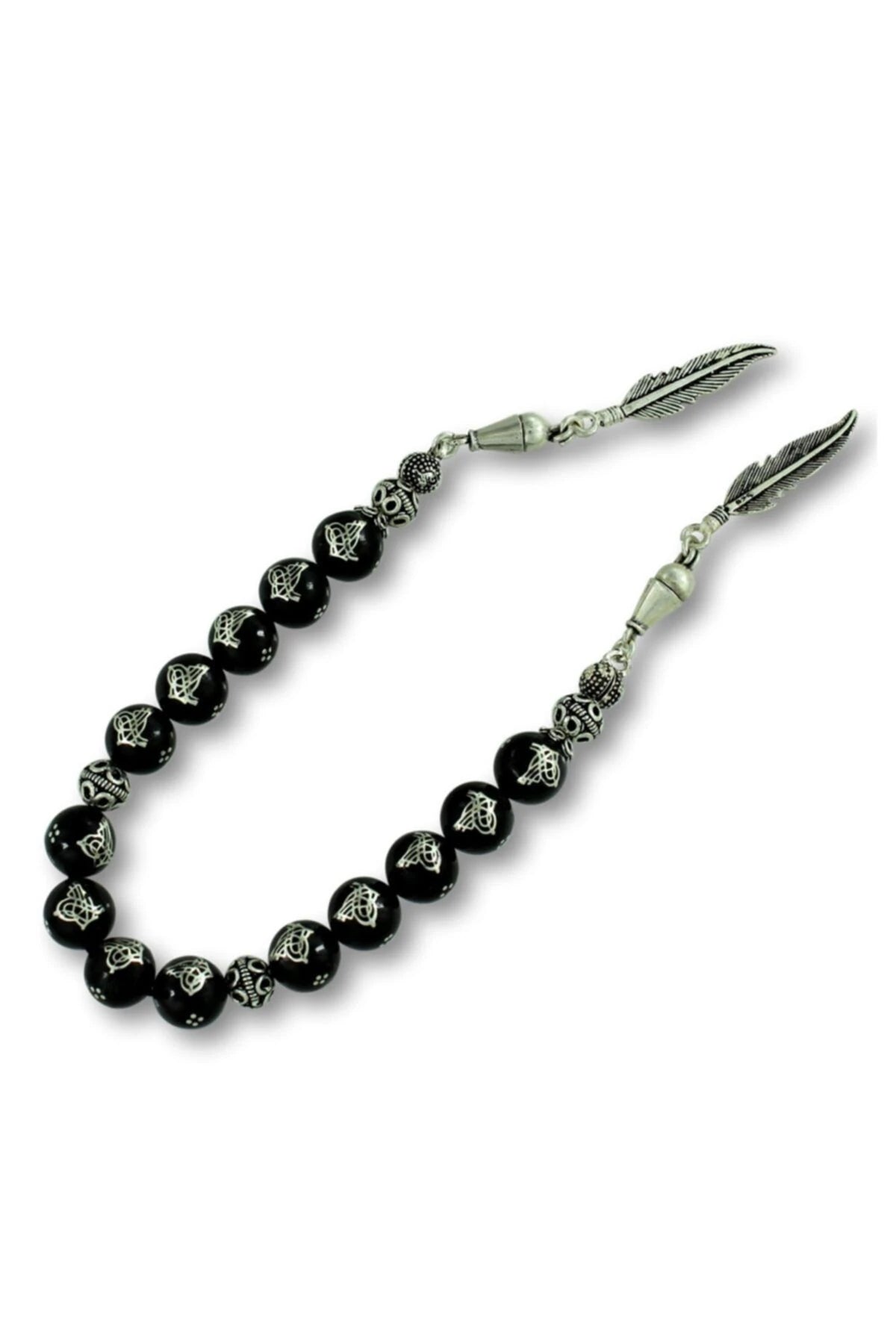 Erzurum Oltu Stone Zaza Tasbih with Tughra Pattern Sterling Silver Inlay, 9mm