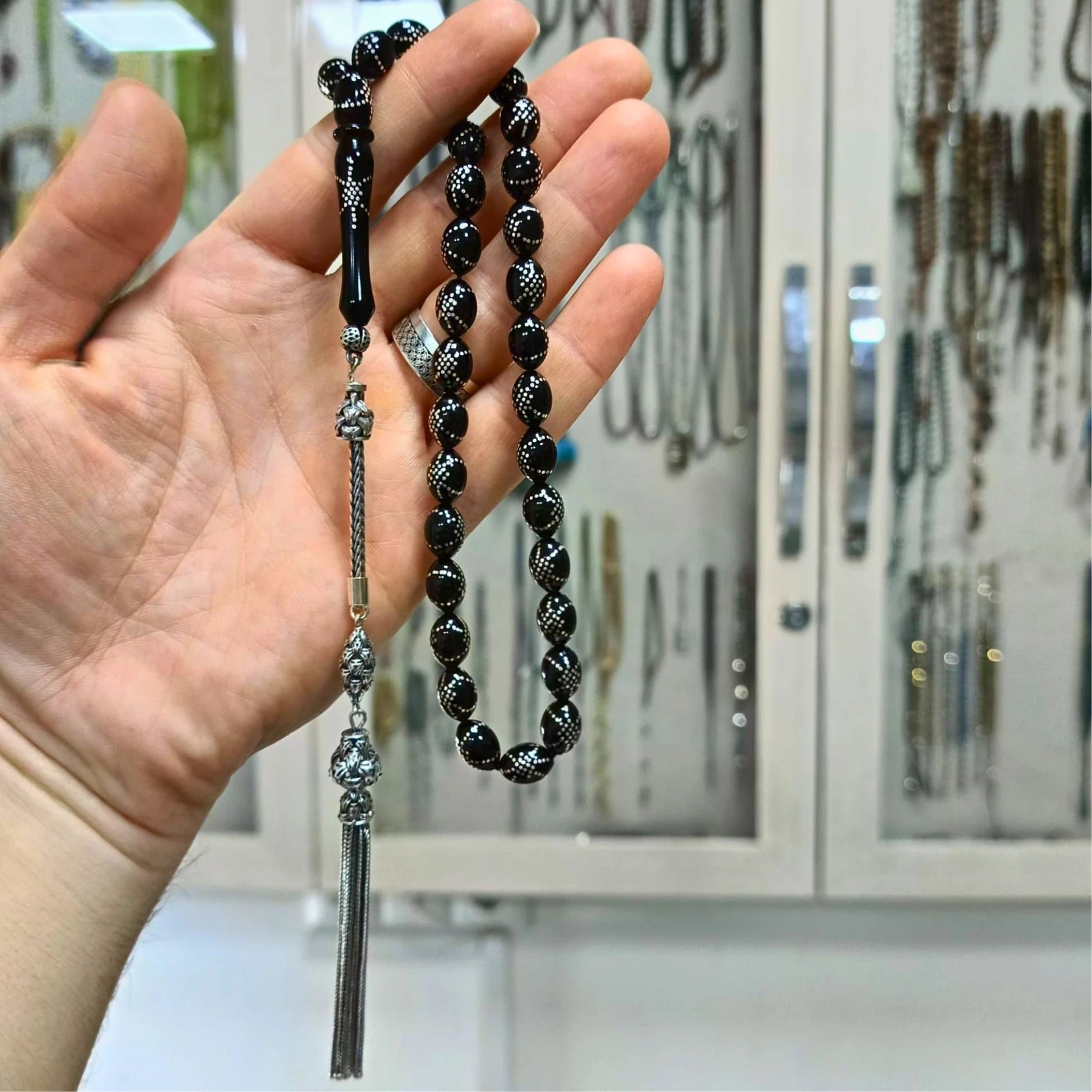 Spiderweb Sterling Silver Inlay Tasbih, Erzurum Oltu Stone, 7.5x10.5mm