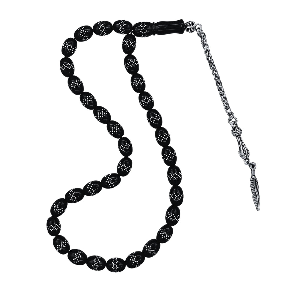 Oval-Cut Press Oltu Stone Tasbih with Silver Inlay, 8x10mm