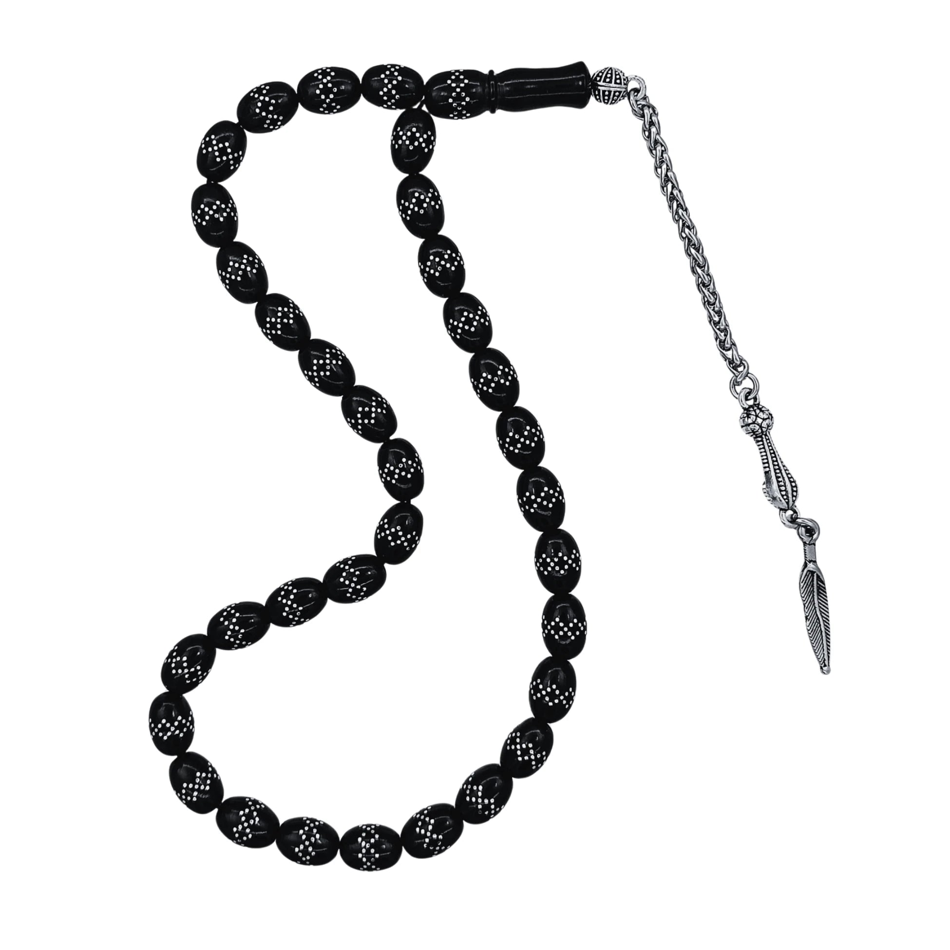Oval-Cut Press Oltu Stone Tasbih with Silver Inlay, 8x10mm