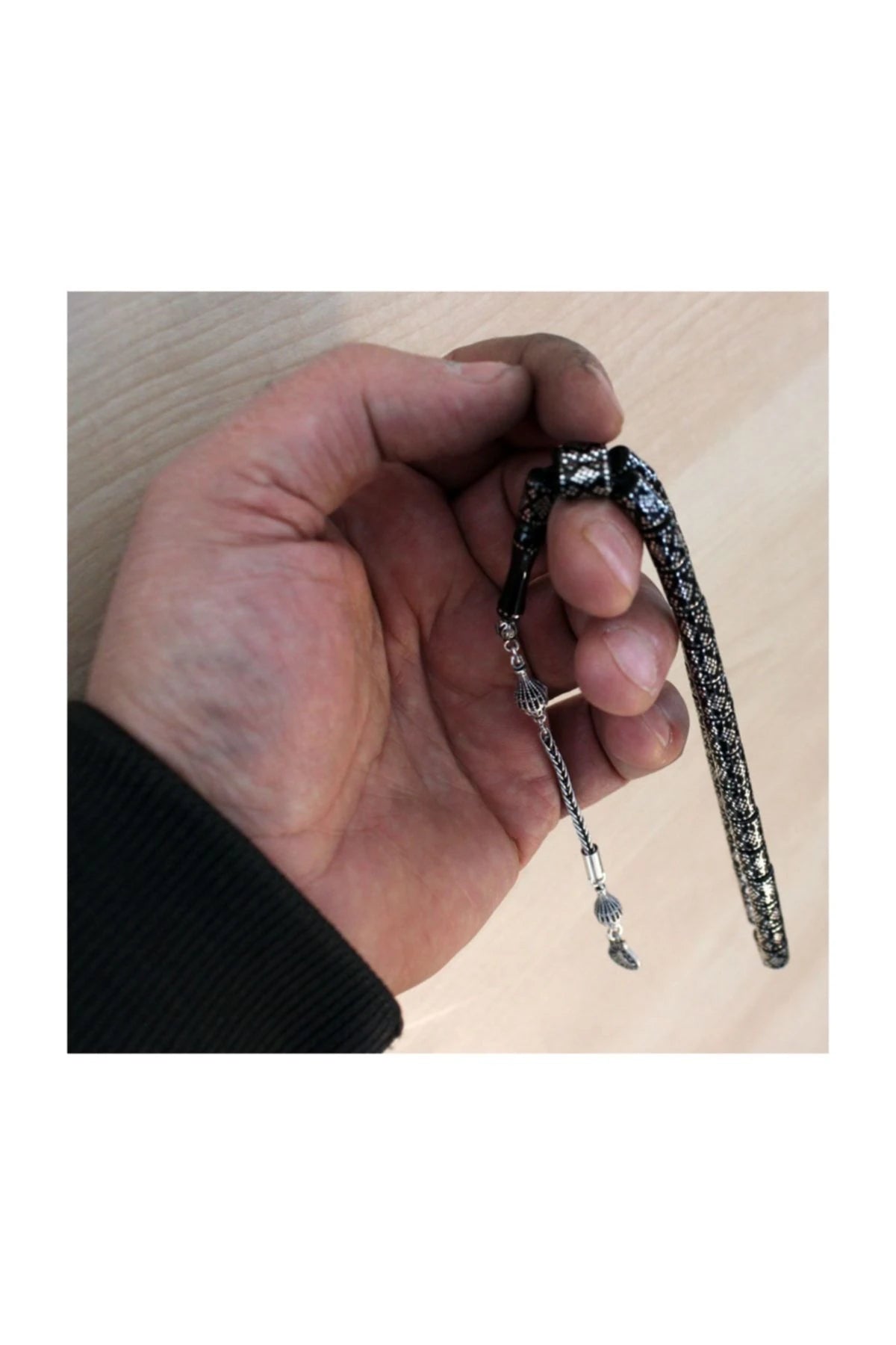 Cylindrical-Cut Erzurum Oltu Stone Tasbih with 925 Sterling Silver Inlay, 6.5x9mm