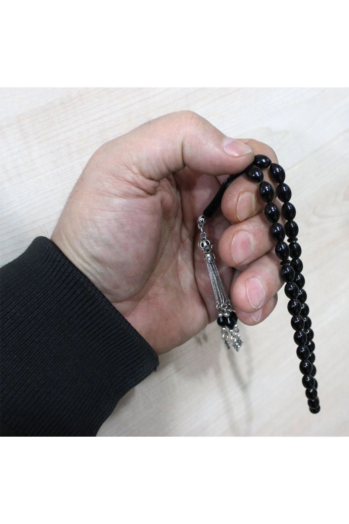Barley-Cut Certified Erzurum Oltu Stone Tasbih, Plain, with Silver Tassel, 5x8mm