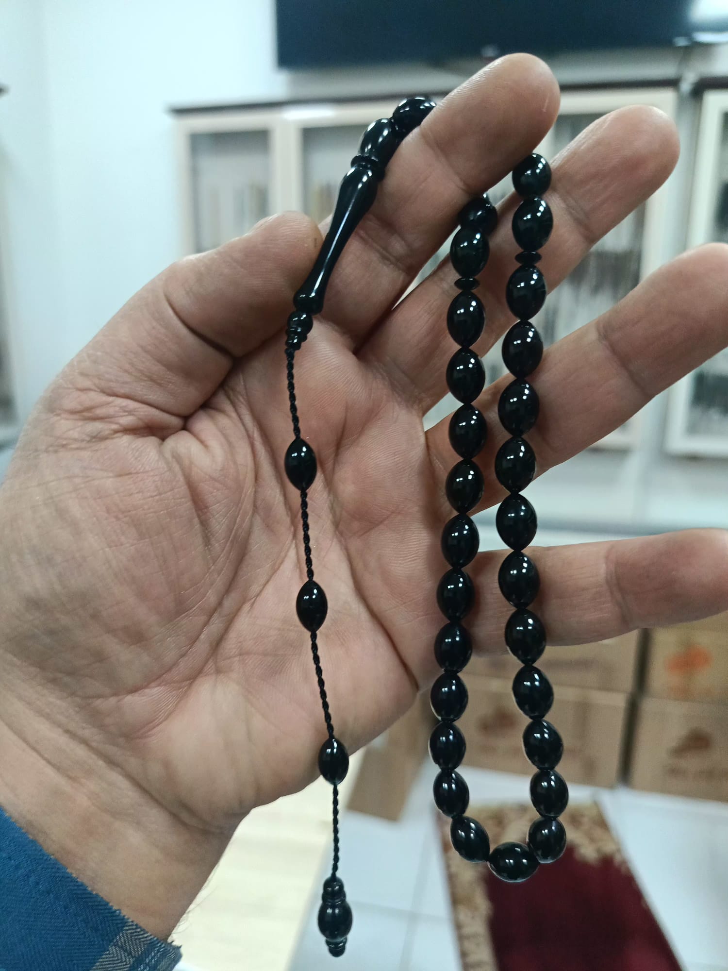 Barley-Cut Certified Erzurum Oltu Stone Tasbih, Plain, Master Craftsmanship, 8x11mm