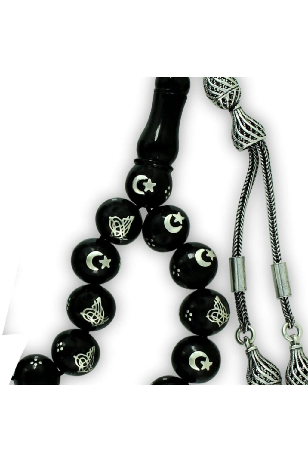 Certified Erzurum Oltu Stone Tasbih with Tughra & Star-and-Crescent Silver Inlay