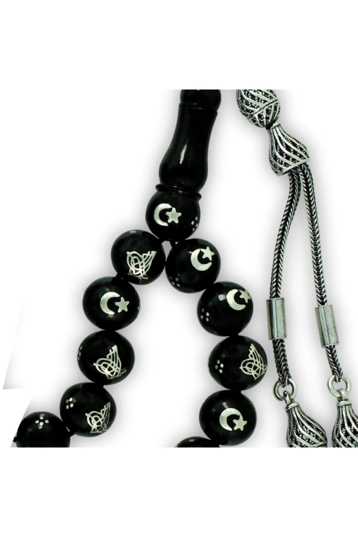 Certified Erzurum Oltu Stone Tasbih with Tughra & Star-and-Crescent Silver Inlay