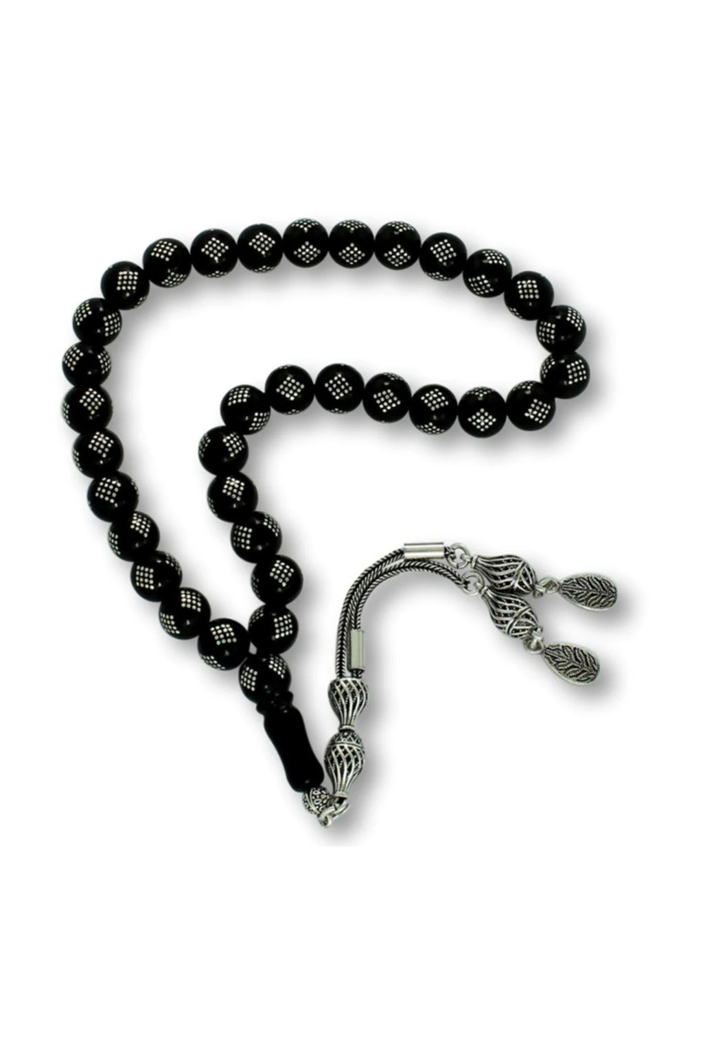 Press Oltu Stone Tasbih with Baklava-Pattern Silver Inlay, 9mm
