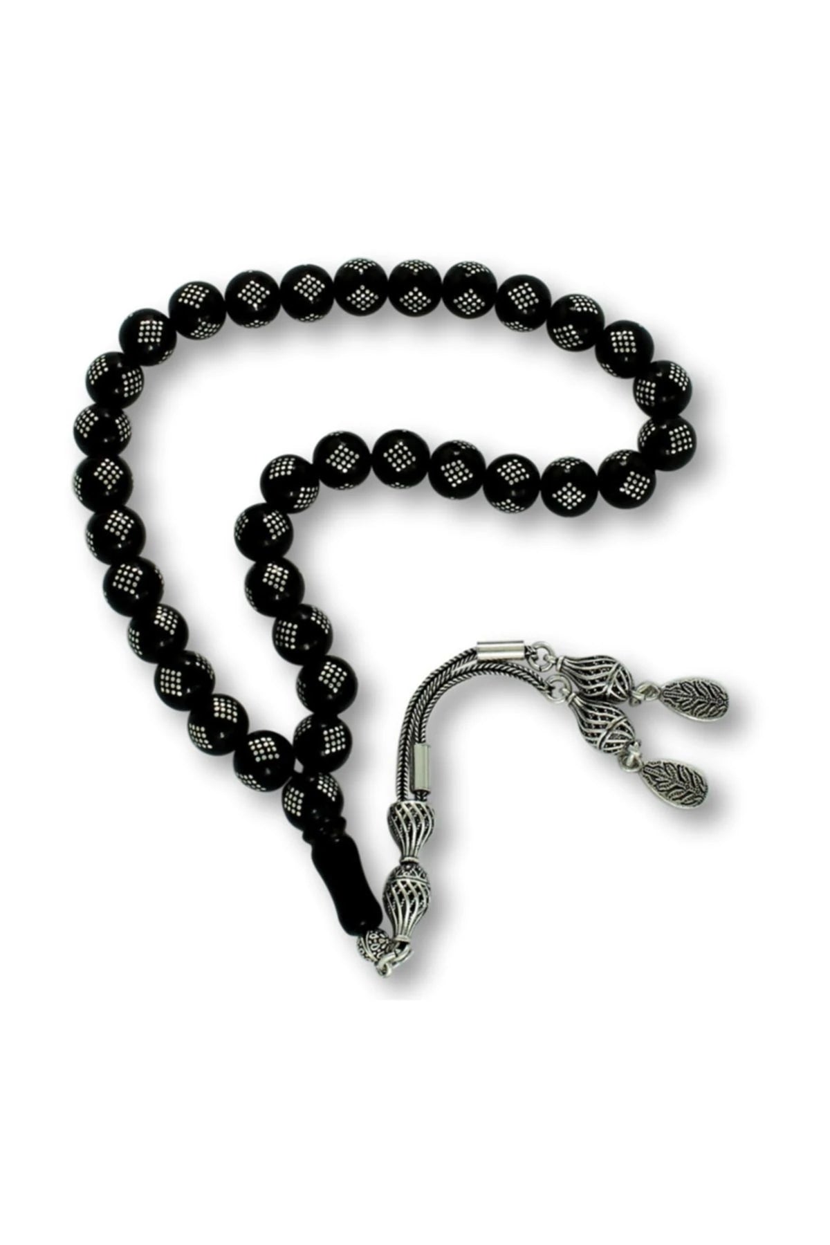 Press Oltu Stone Tasbih with Baklava-Pattern Silver Inlay, 9mm