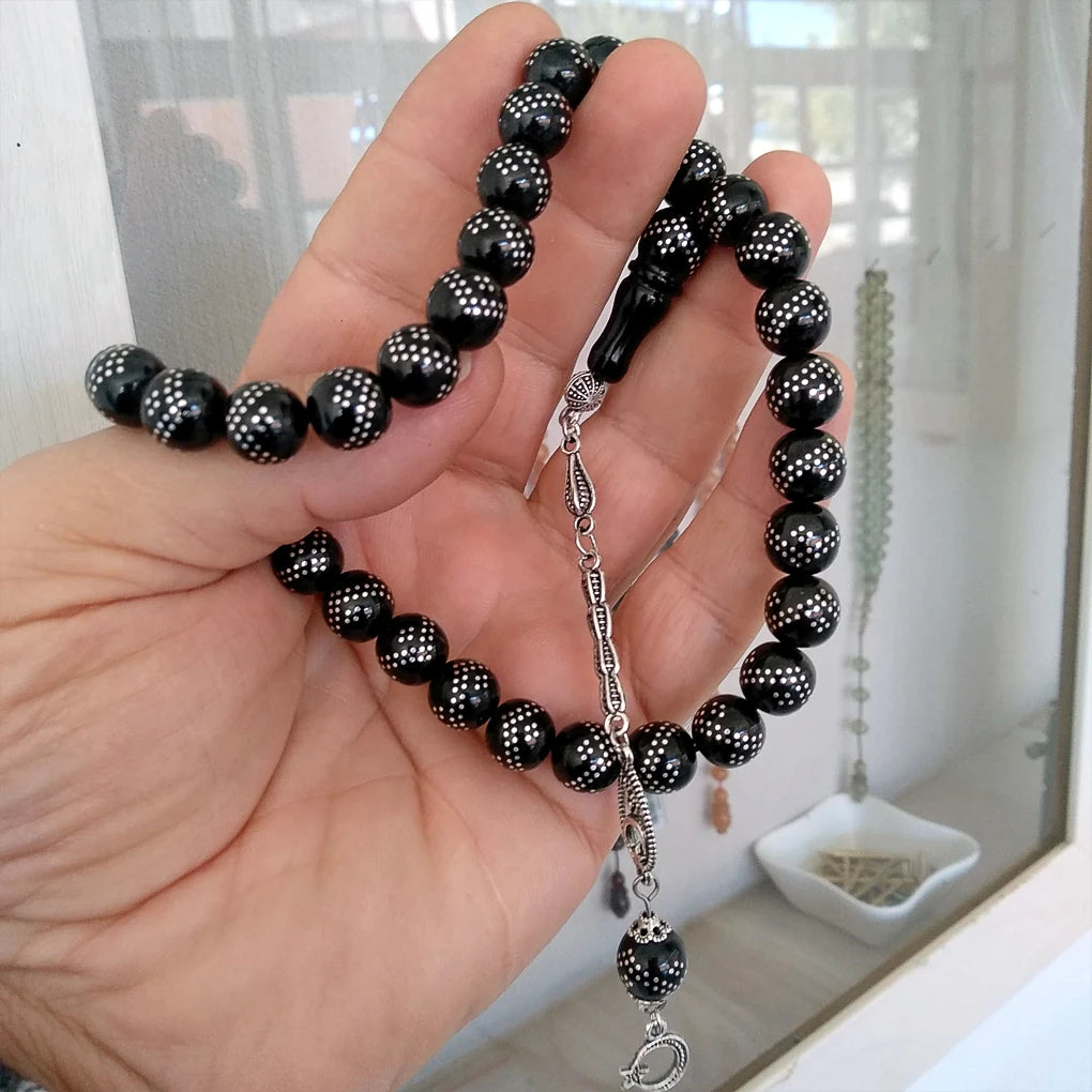 Press Oltu Stone Tasbih with Heavy Silver Inlay, Tarnish-Resistant Tassel, 9mm