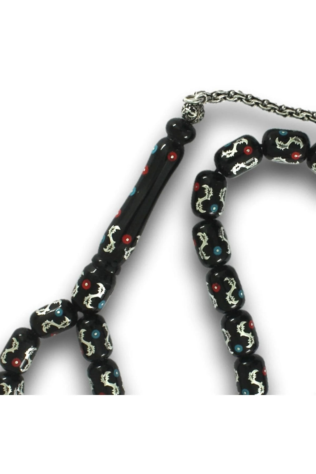Collector's Edition Oltu Stone Tasbih with Turquoise, Coral & Sterling Silver Inlay