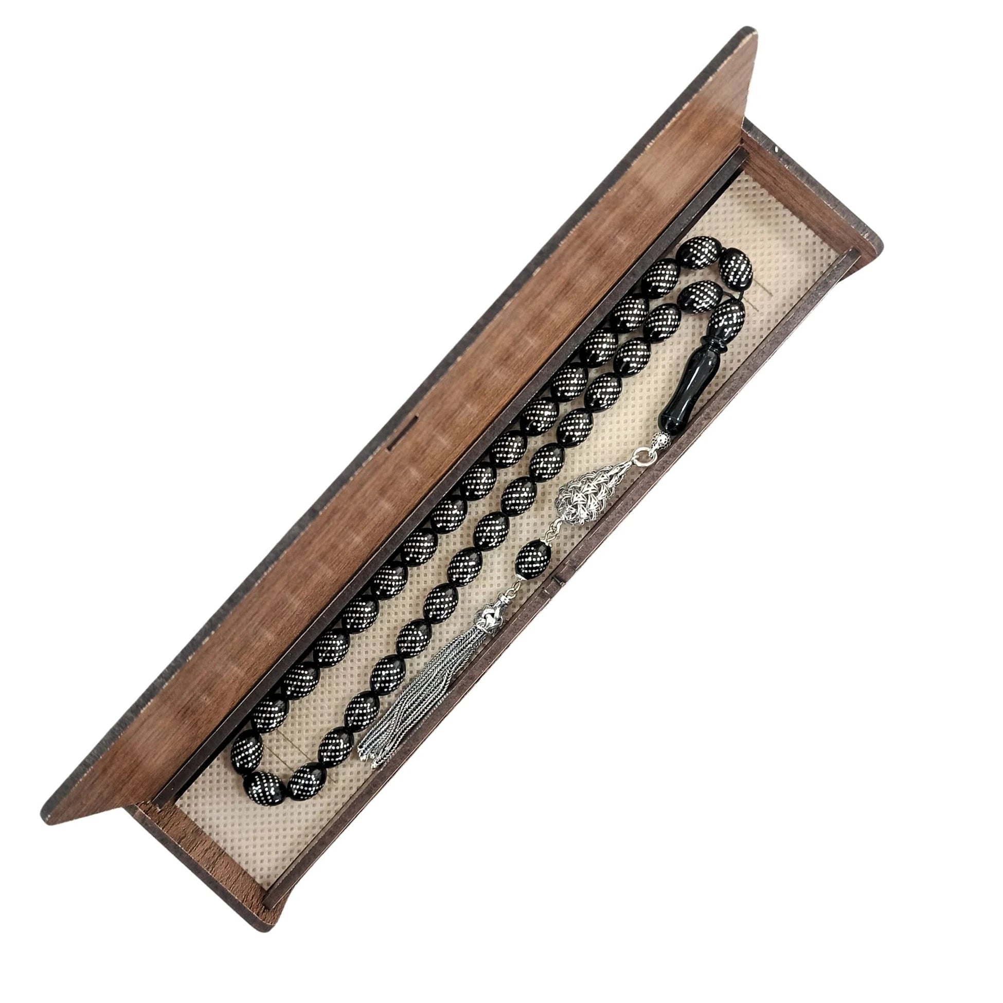 Oval-Cut Certified Erzurum Oltu Stone Tasbih with Dense Twist-Pattern Silver Inlay, 8x11mm