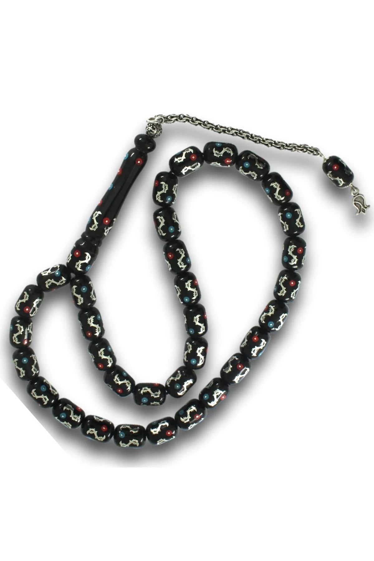 Collector's Edition Oltu Stone Tasbih with Turquoise, Coral & Sterling Silver Inlay
