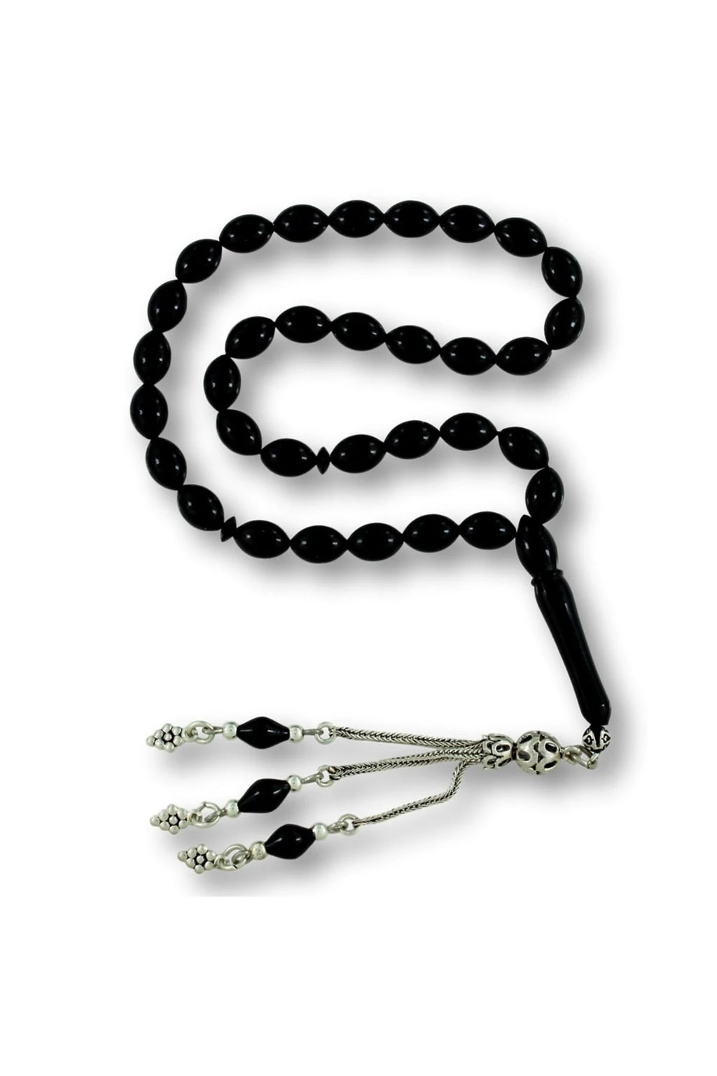 Barley-Cut Certified Erzurum Oltu Stone Tasbih, Plain, with Silver Tassel, 5x8mm
