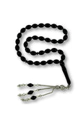 Barley-Cut Certified Erzurum Oltu Stone Tasbih, Plain, with Silver Tassel, 5x8mm