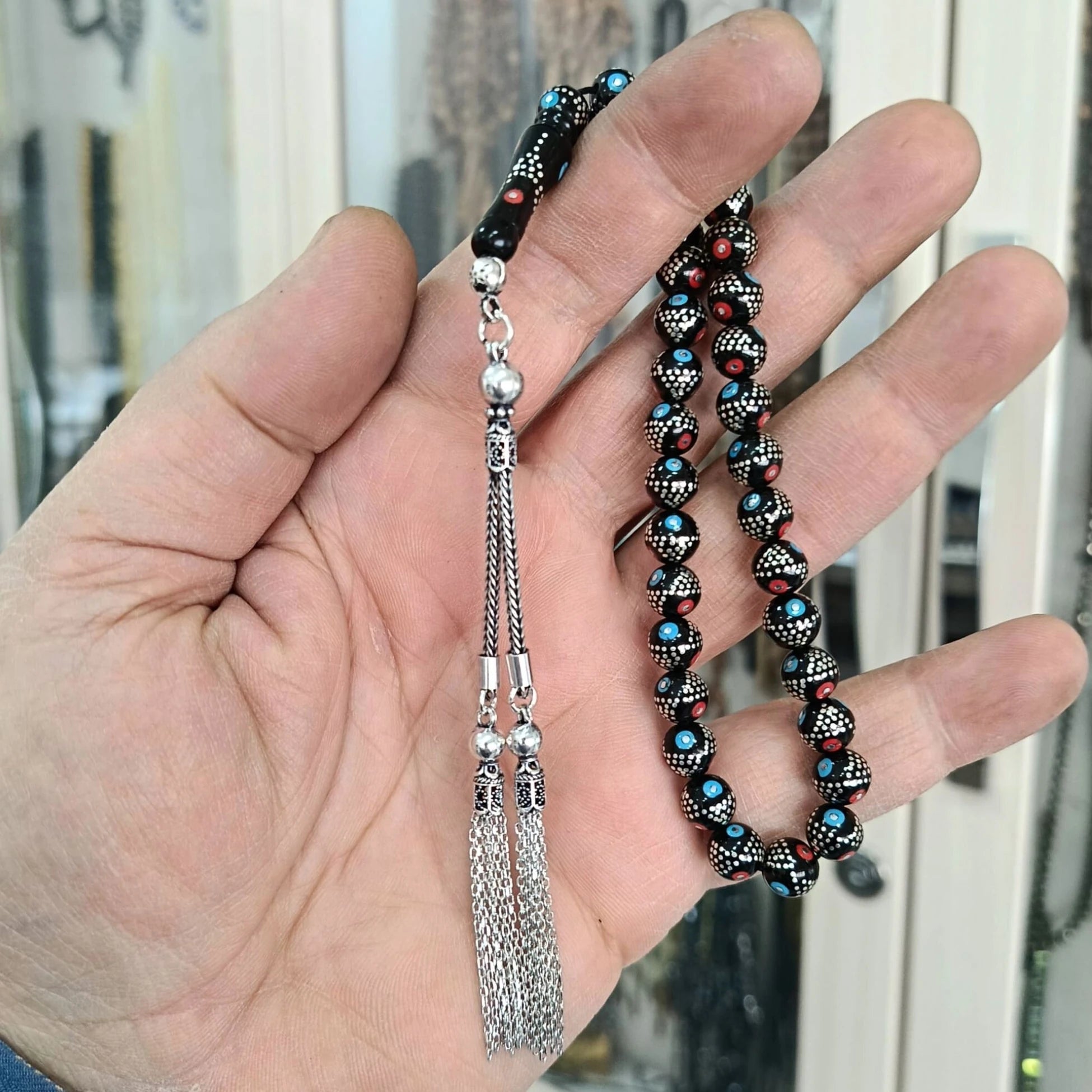 Wrist-Length Certified Erzurum Oltu Stone Tasbih with Turquoise, Coral & Silver Inlay, 8mm