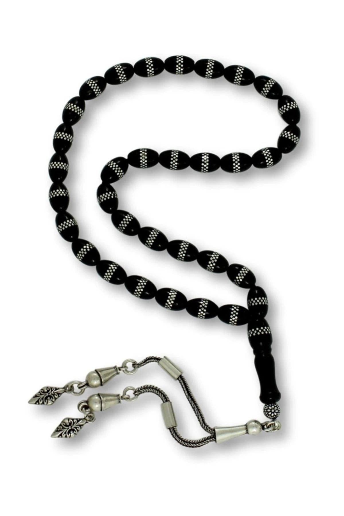 Barley-Cut Pressed Oltu Stone Tasbih with 925 Sterling Silver Inlay