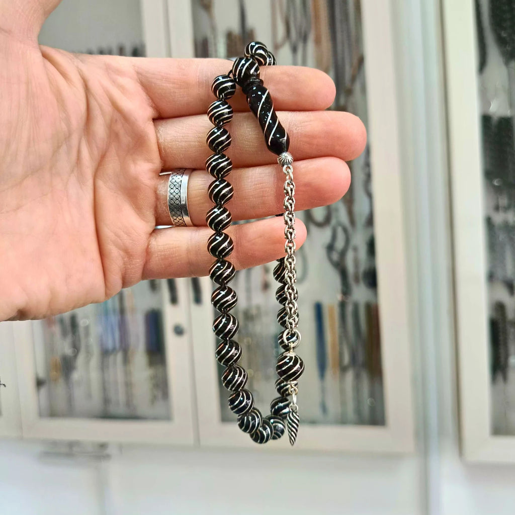 Round-Cut Certified Erzurum Oltu Stone Tasbih with Silver Cesmi Bulbul Inlay, 8.5mm