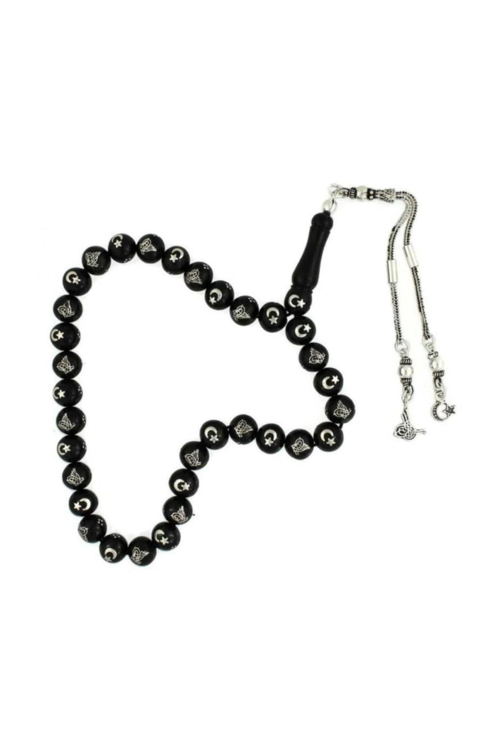 Certified Erzurum Oltu Stone Tasbih with Tughra & Star-and-Crescent Silver Inlay